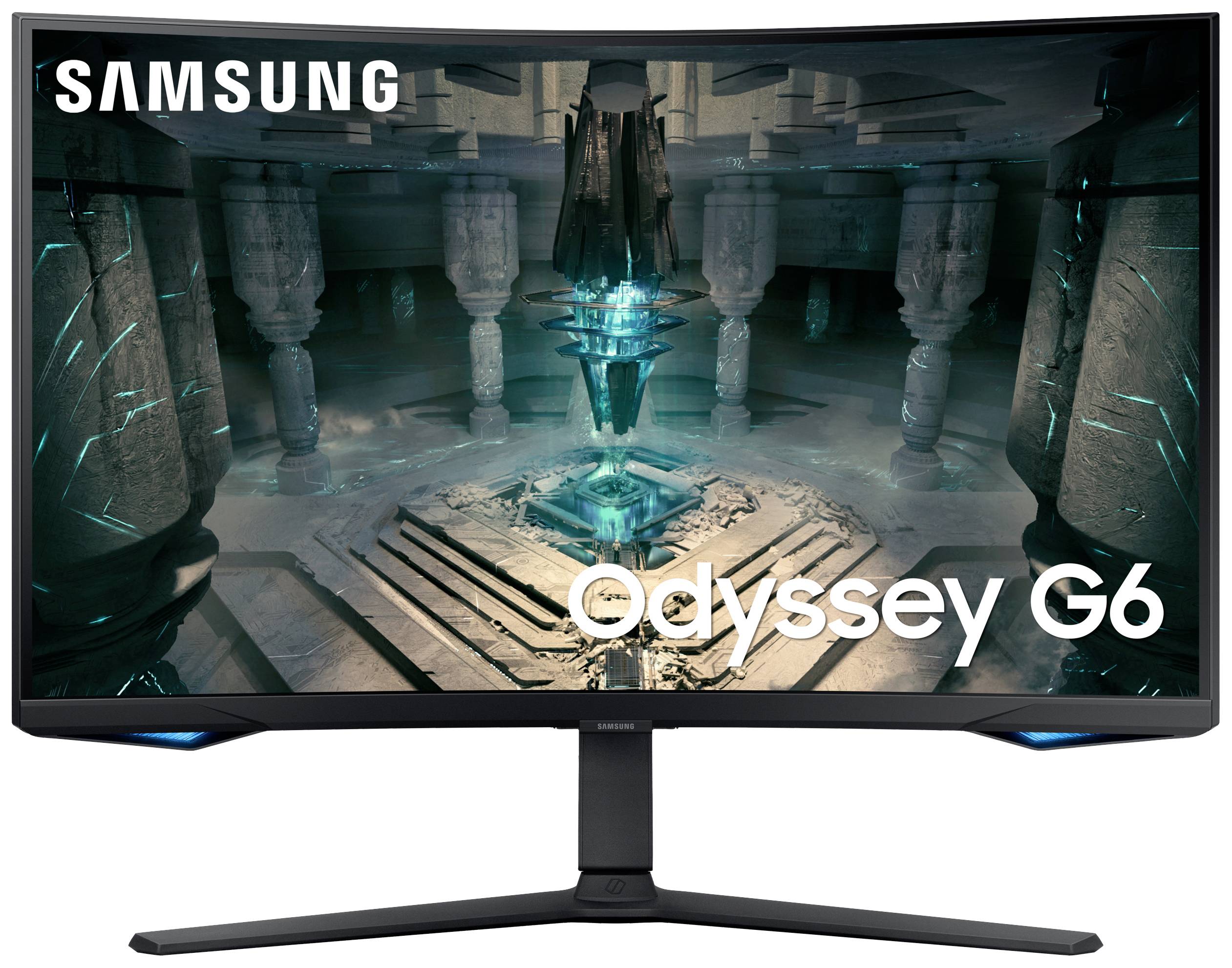 Ein Samsung Odyssey G6 Monitor zeigt ein mystisches, futuristisches Tempelinnere mit leuchtend blauen Kristallen und antiken Säulen.