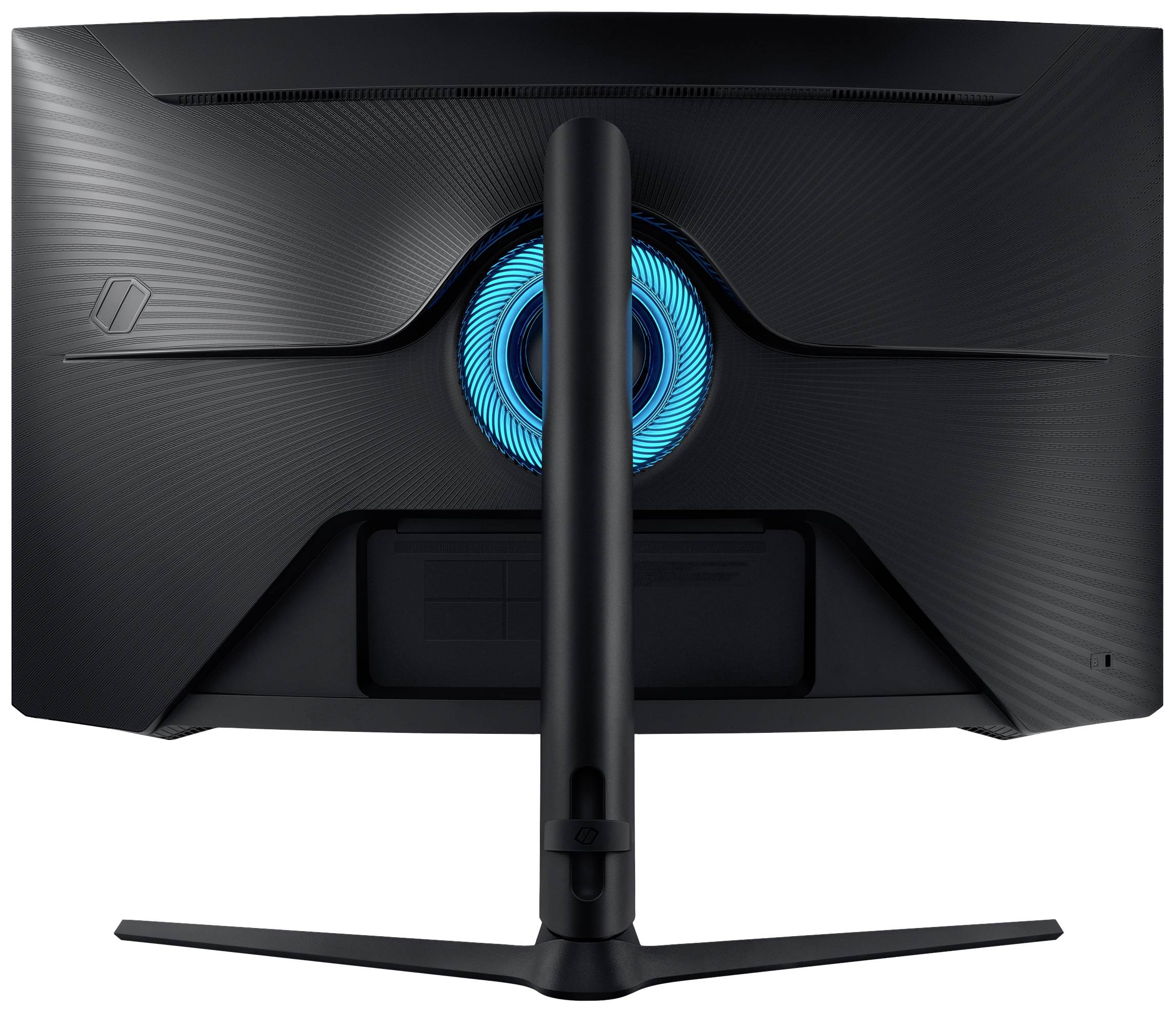 Ein schwarzer Gaming-Monitor von hinten, mit blau leuchtendem Kreis in der Mitte. Der Monitor steht auf einem V-förmigen Standfuß.