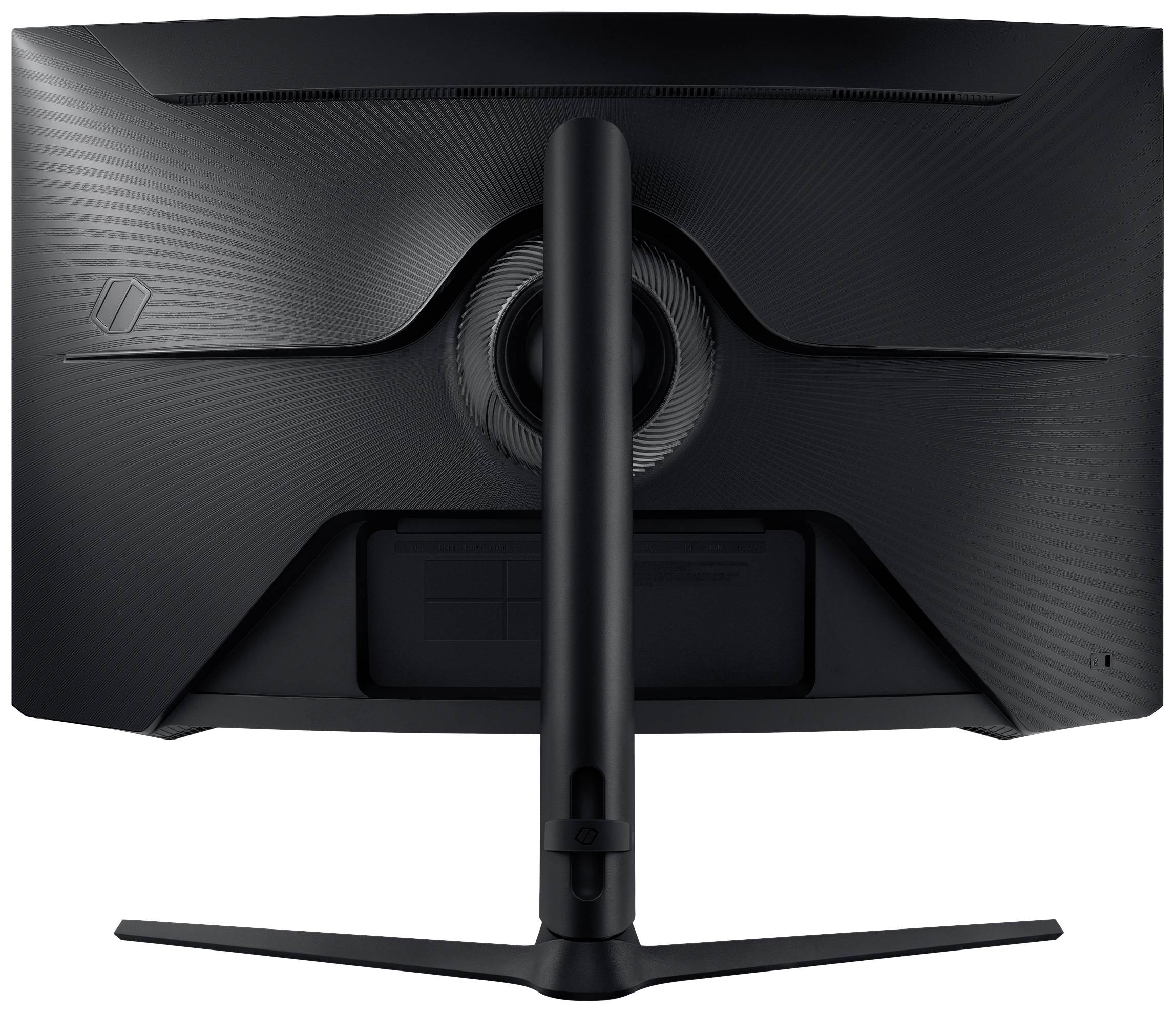 Schwarzer Monitor von hinten, zeigt ein schlankes Design mit abgerundeten Kanten und schlankem Standfuß. Ideal für moderne Büros.