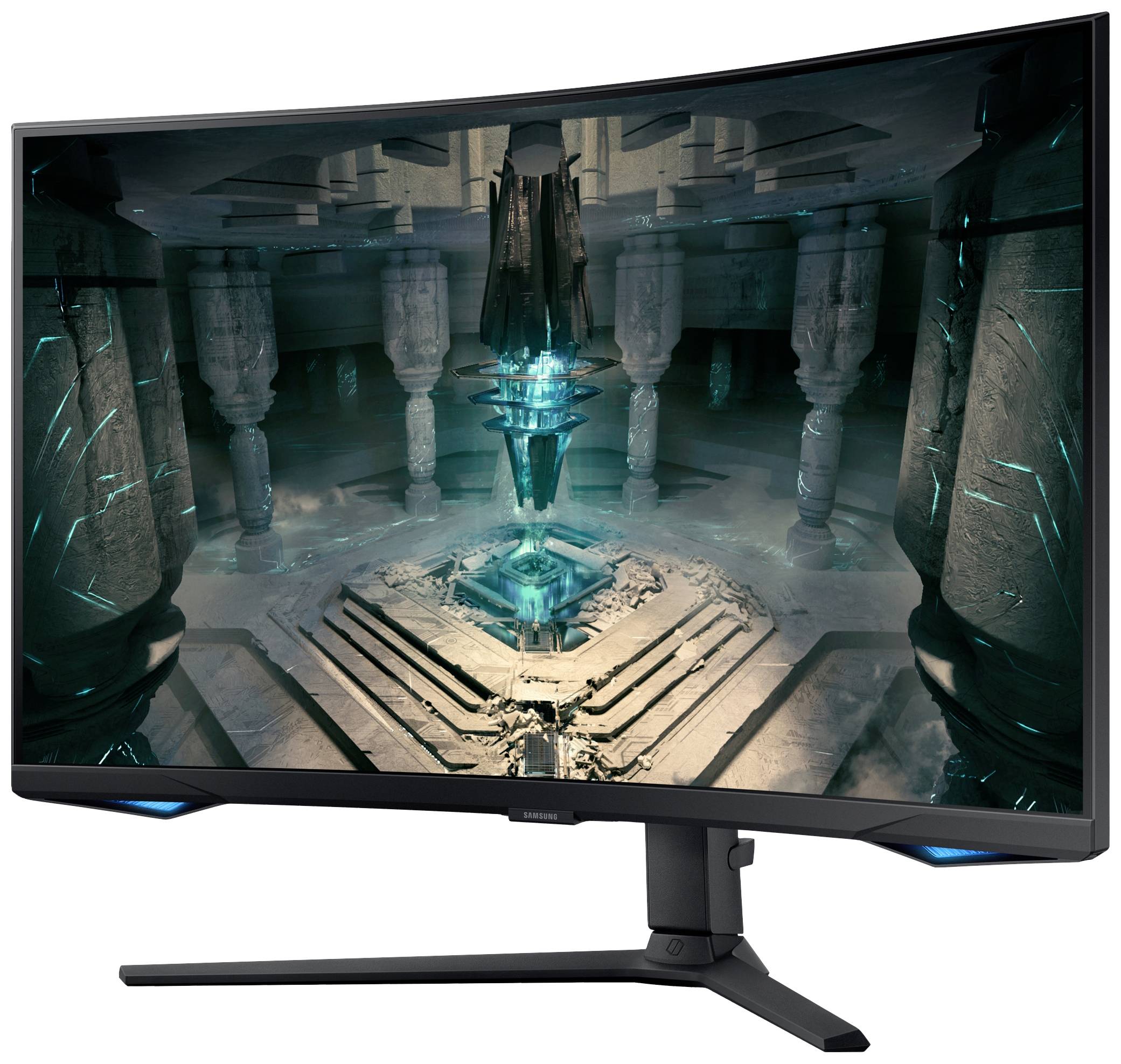 Ein gebogener Gaming-Monitor zeigt eine Videospielszene mit futuristischer Architektur und leuchtendem blauen Licht in der Mitte.