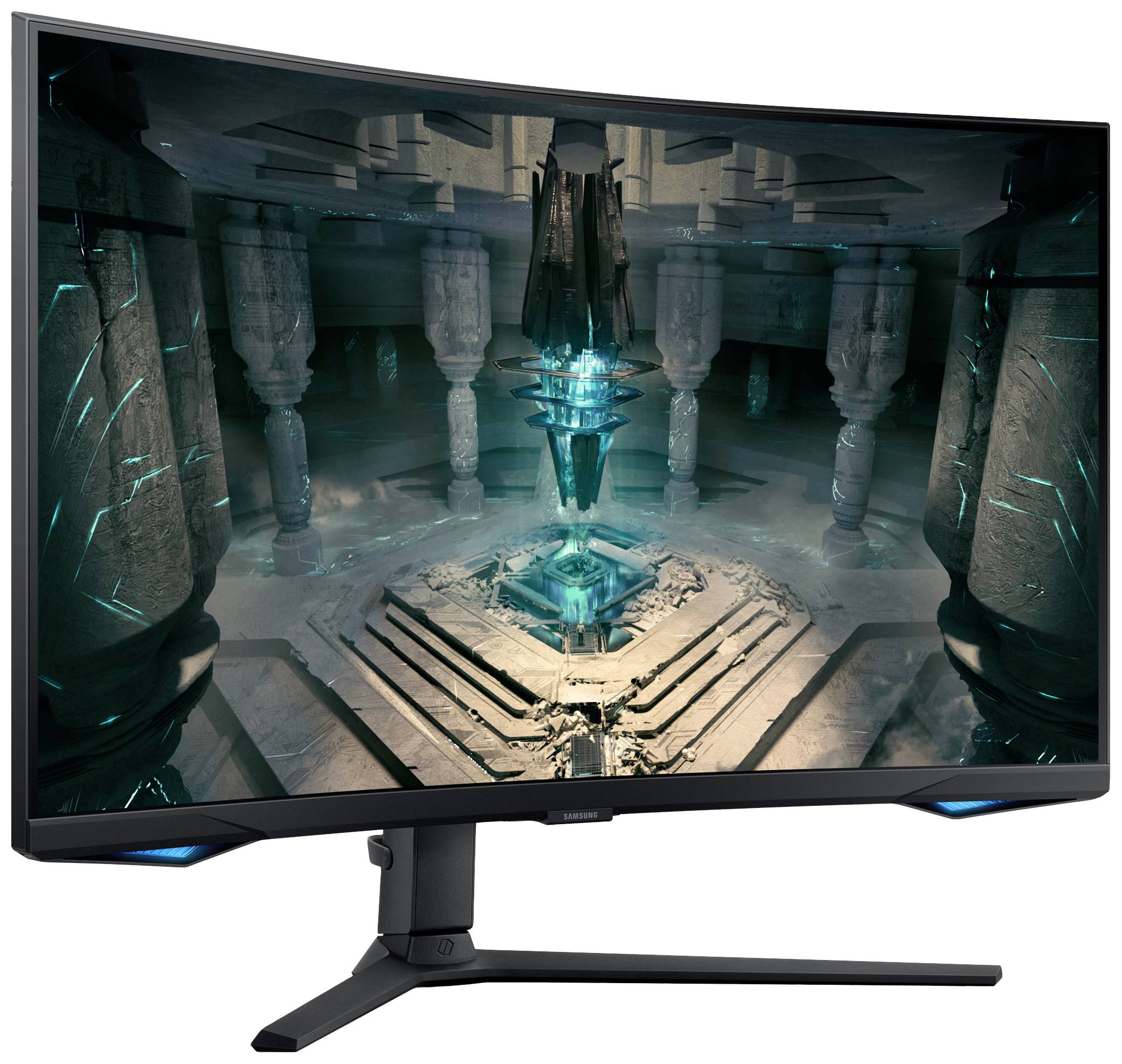 Ein gebogener Gaming-Monitor zeigt ein futuristisches, leuchtendes Tempel-Interieur, das ein immersives Spielerlebnis bietet.