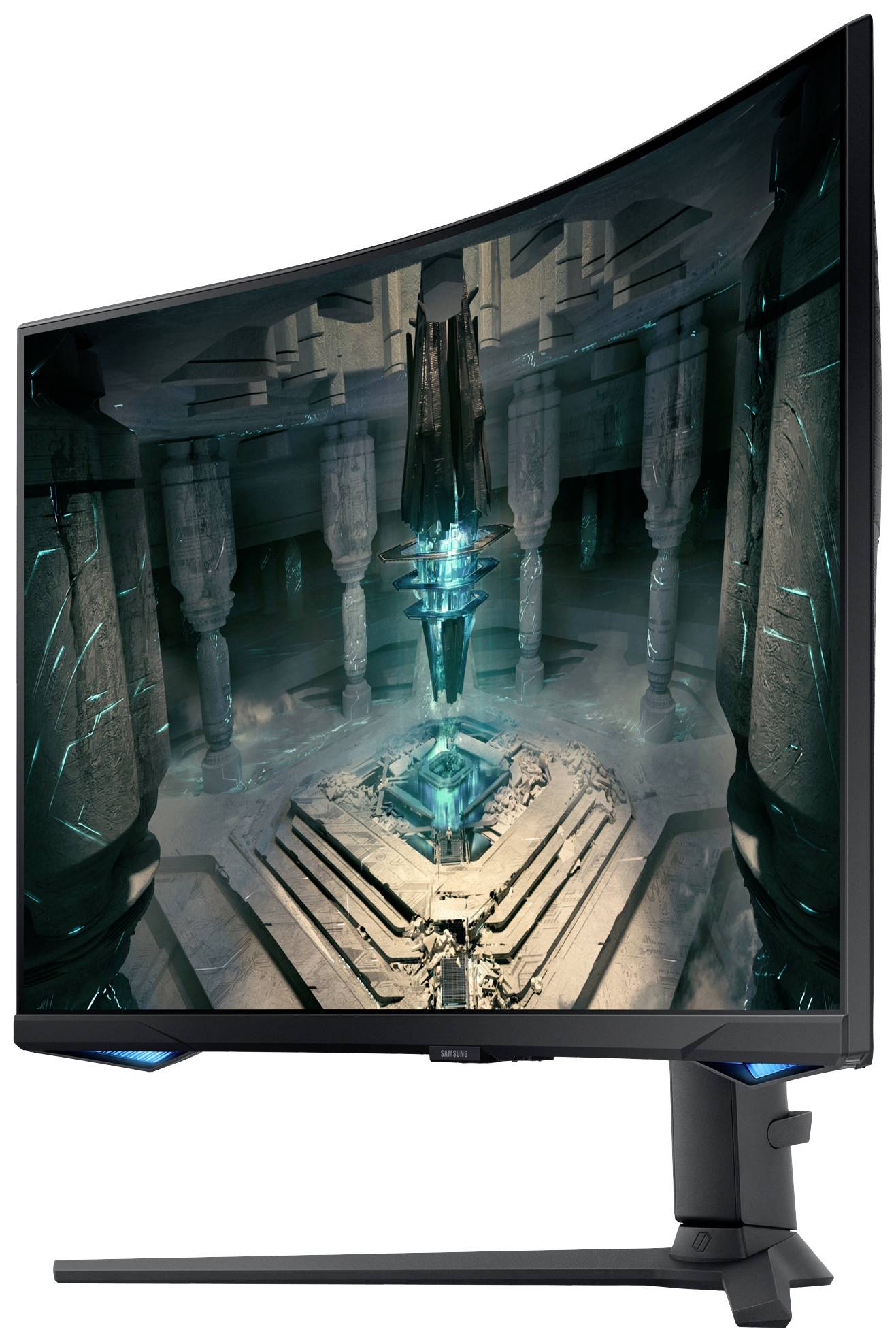 Ein gebogener Gaming-Monitor zeigt eine futuristische, sci-fi-Szene mit leuchtendem, blauem Kristall in einer antiken Tempelumgebung.