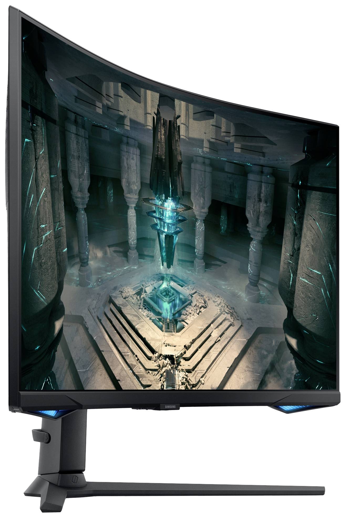 Ein gekrümmter Gaming-Monitor mit einem Science-Fiction-Bildschirmhintergrund, der eine futuristische Architektur in Blau- und Grautönen zeigt.