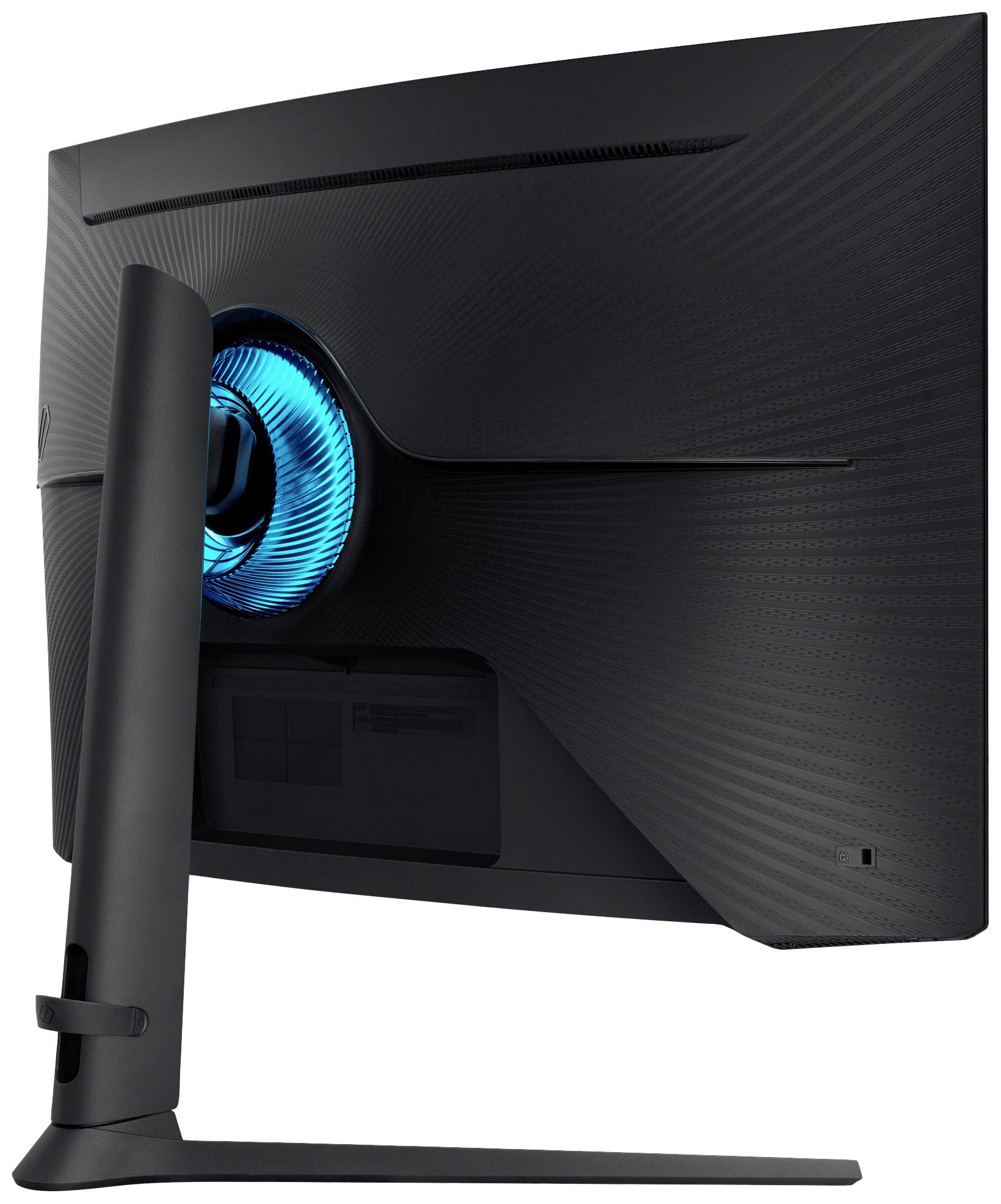 Schwarzer Computermonitor von hinten, mit blau leuchtendem Ring in der Mitte. Der Bildschirm steht auf einem schlanken Standfuß.