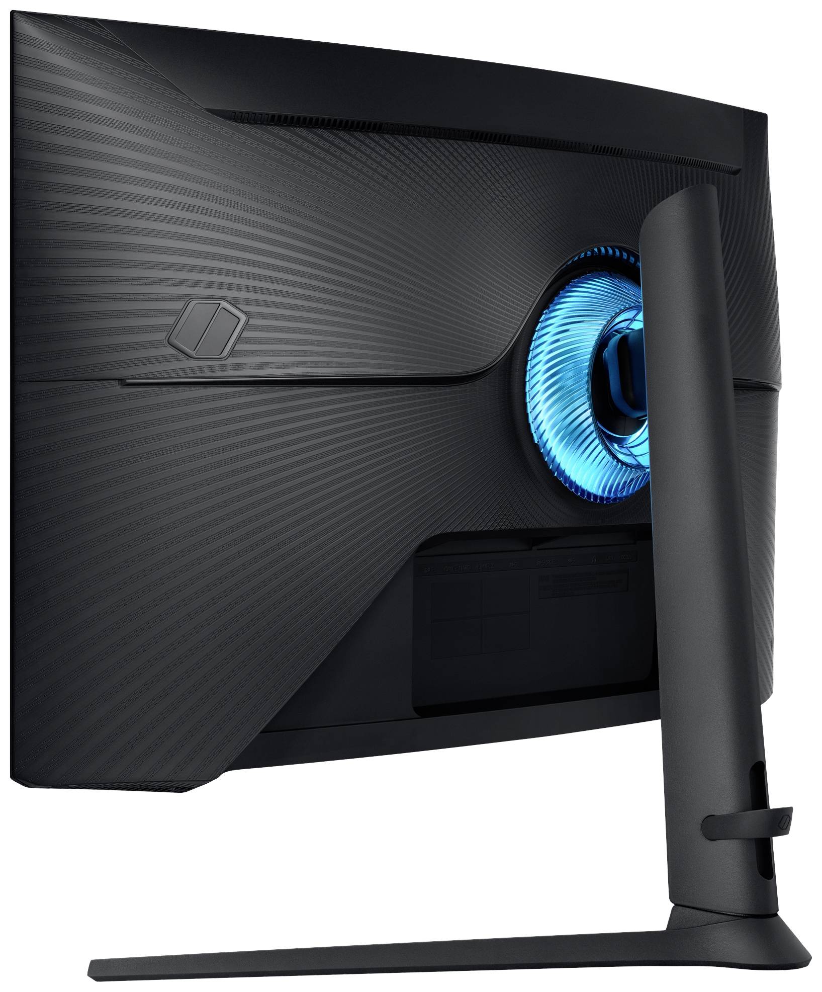 Rückansicht eines gebogenen Monitors mit blau leuchtendem Ring und strukturierter Gehäuserückseite.