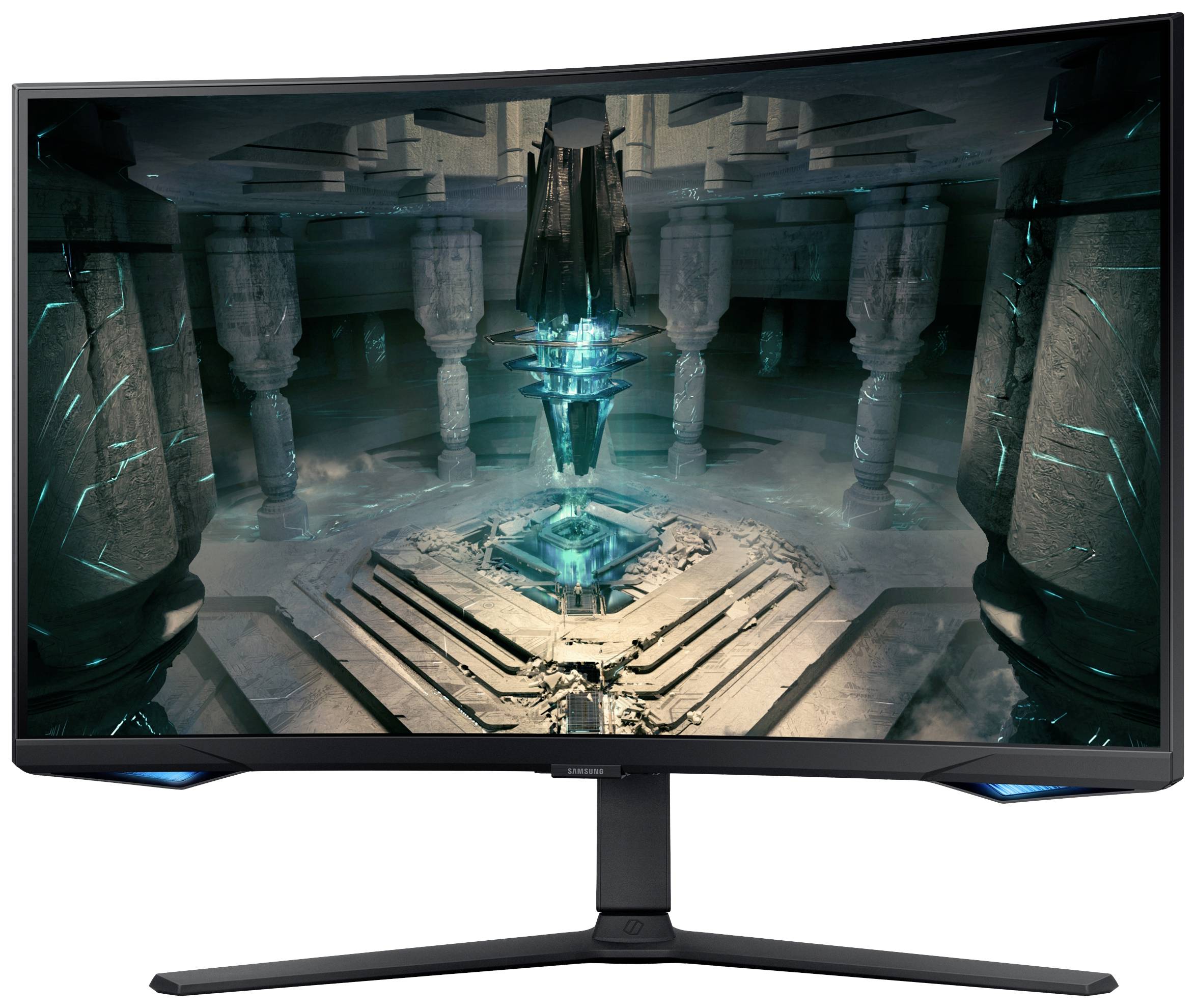 Ein gebogener Gaming-Monitor mit einem futuristischen, leuchtenden blauen Kristalldesign auf dem Bildschirm in einem Säulenraum.