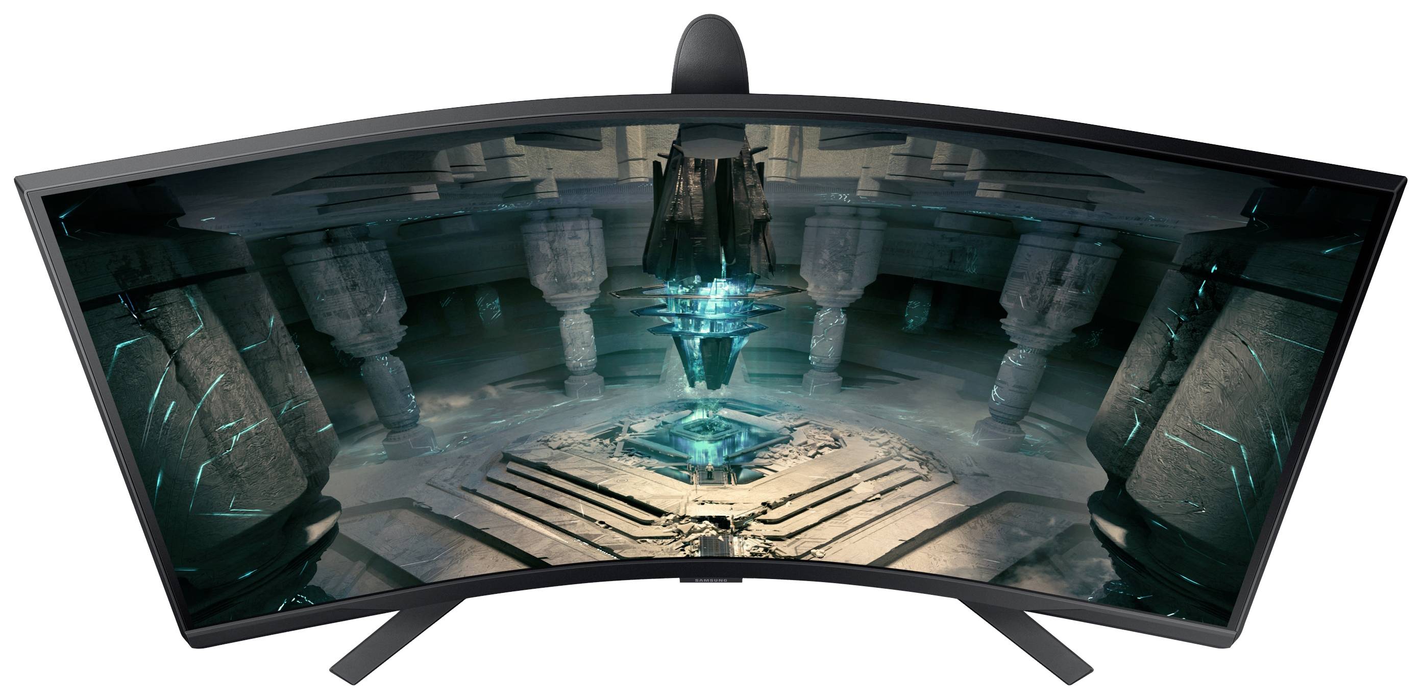 Gebogener Monitor mit einem Fantasy-Spiel auf dem Bildschirm, das eine mystische Höhle mit leuchtendem Kristall und Säulen zeigt.
