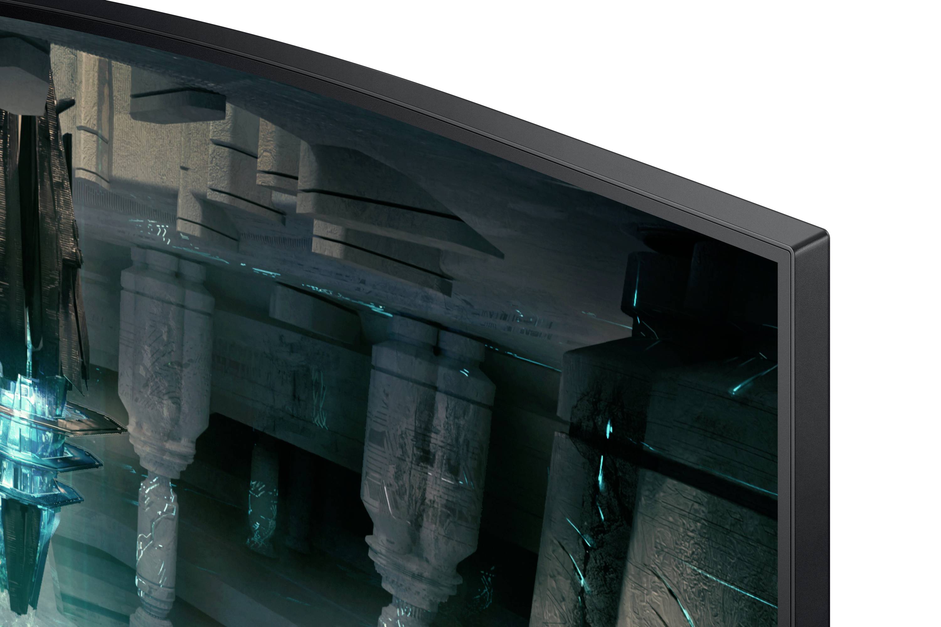 Ein Ausschnitt eines gebogenen Monitors zeigt ein architektonisches 3D-Rendering mit Säulen und abstrakten Formen.