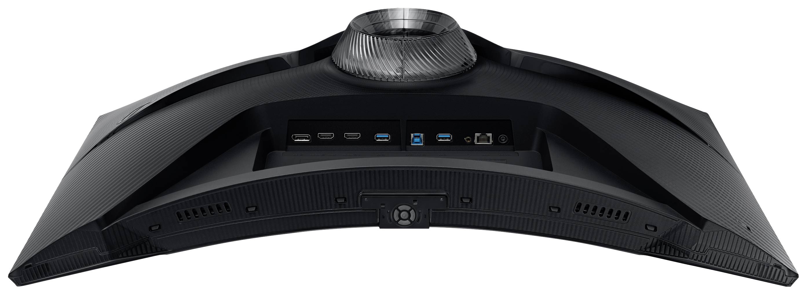 Schwarzer gebogener Monitor von hinten betrachtet. Zeigt Anschlüsse wie HDMI, DisplayPort, USB, Ethernet auf einer gebogenen Rückseite.
