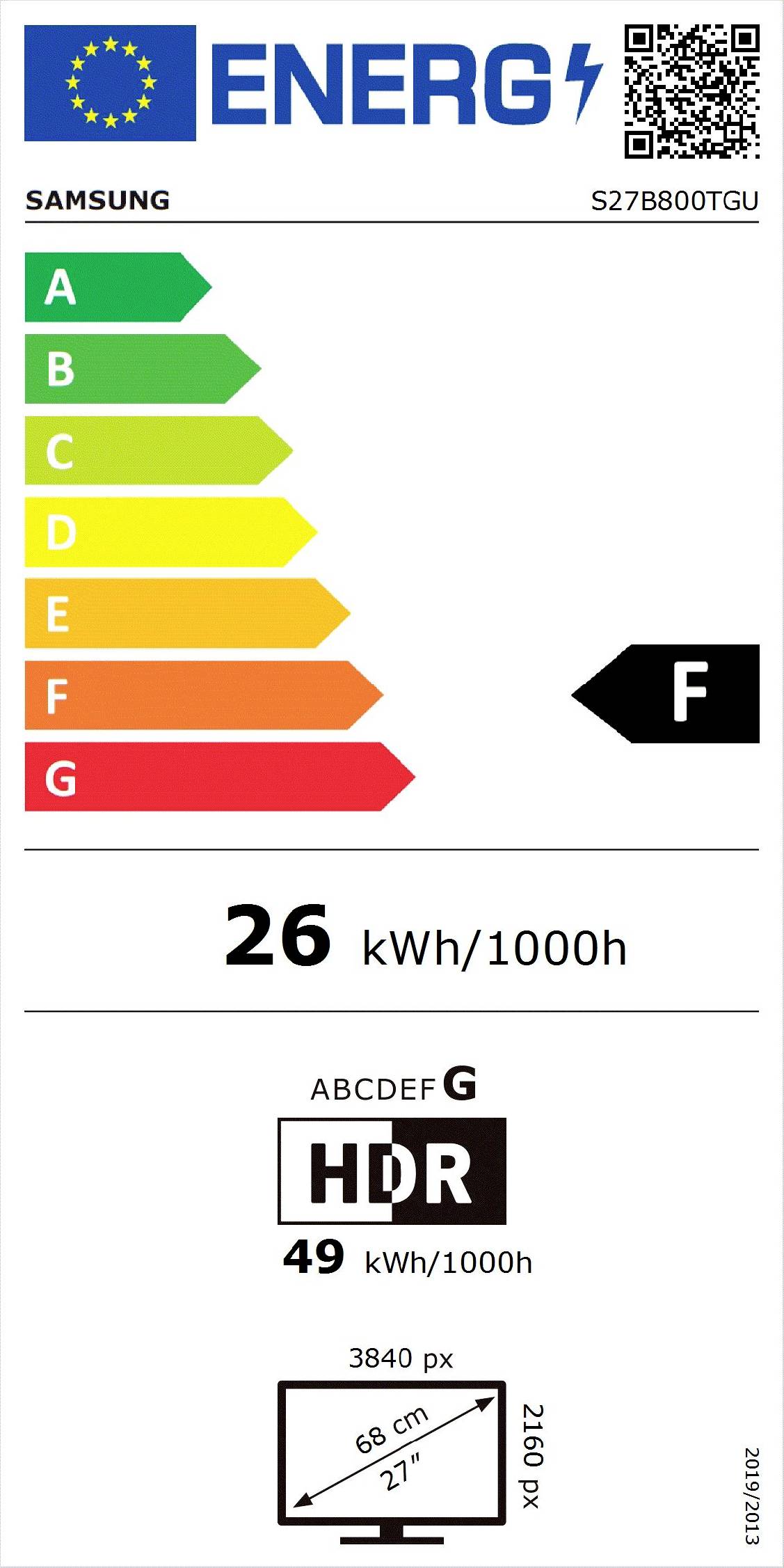 Energielabel für einen Monitor: Effizienzklasse F, durchschnittlicher Energieverbrauch 26 kWh/1000h, HDR-Verbrauch 49 kWh/1000h.