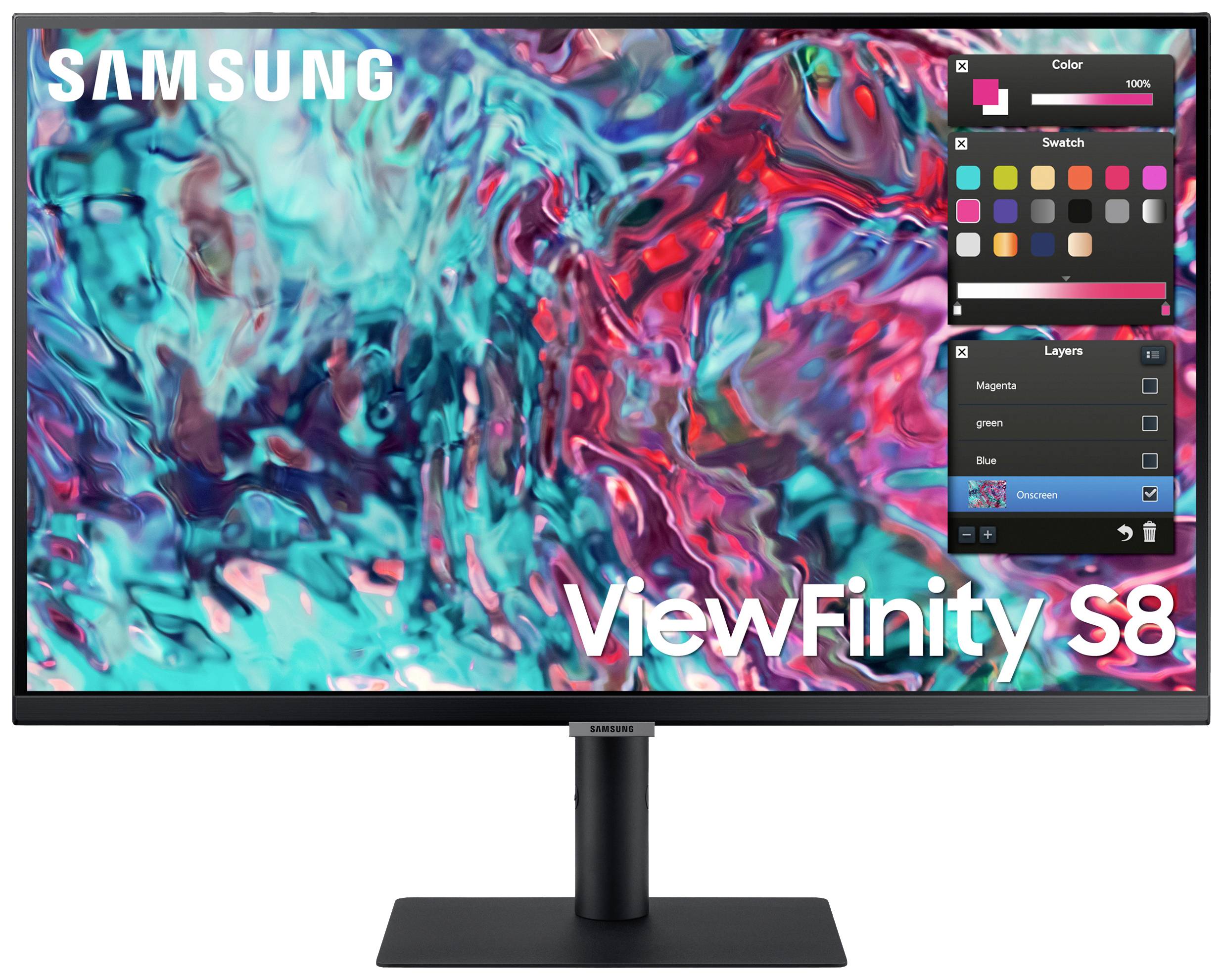 Ein Samsung-Monitor zeigt ein buntes, abstraktes Grafikdesign. Oben steht 'Samsung', unten 'ViewFinity S8'. Dialogfenster mit Farboptionen sichtbar.