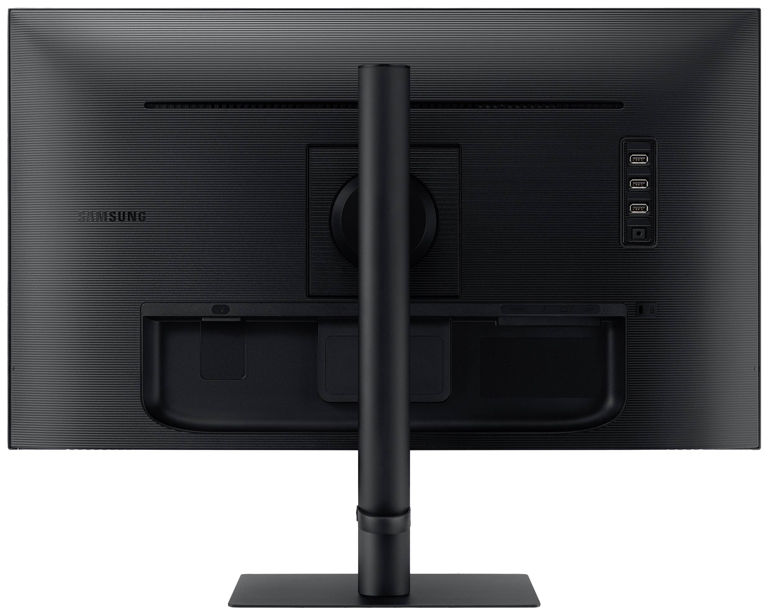 Rückansicht eines schwarzen Computermonitors mit rechteckigem Standfuß und sechs Anschlüssen an der rechten Seite.