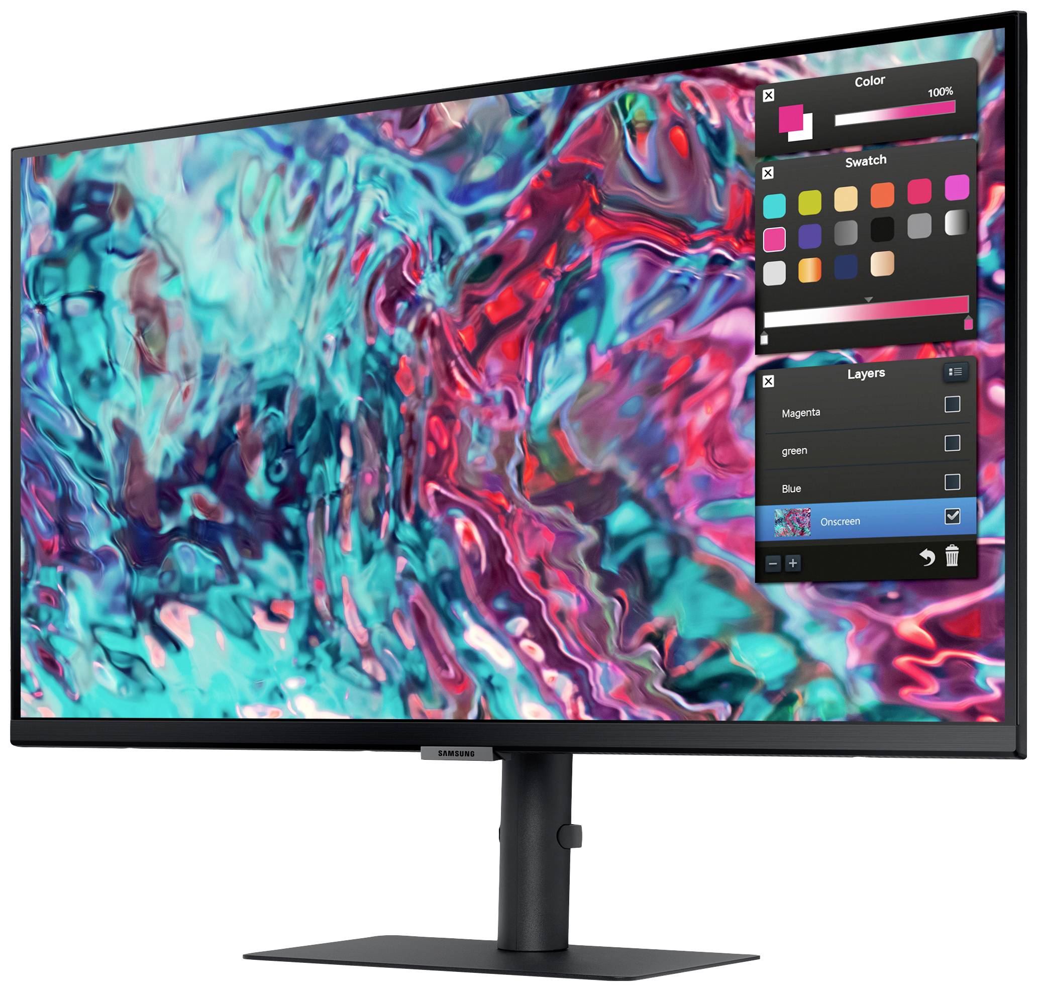 Ein großer Computermonitor zeigt eine bunte, abstrakte Kunstoberfläche. In der Ecke sind Farbauswahl- und Ebenenwerkzeuge sichtbar.