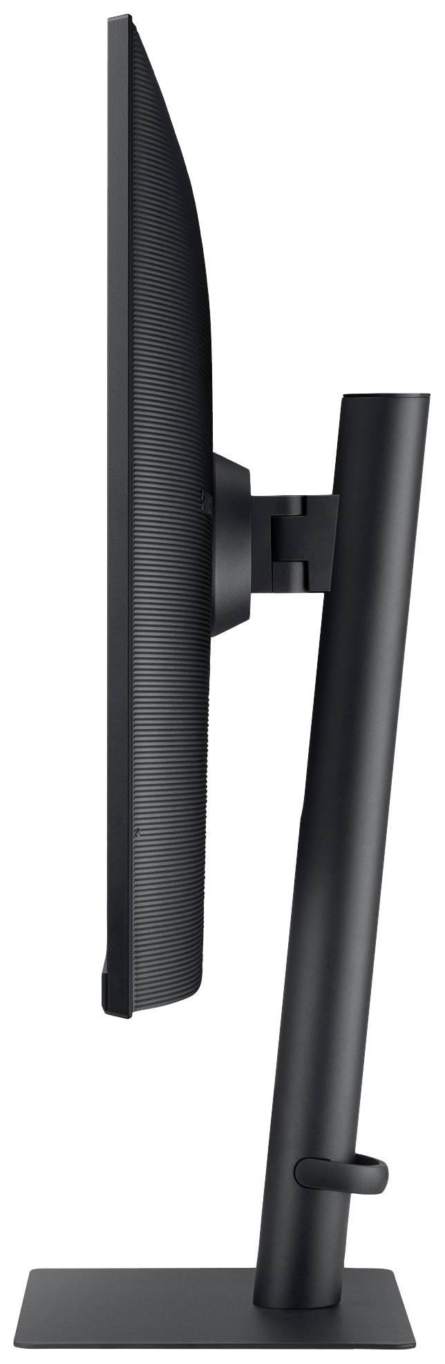 Seitenansicht eines flachen Computerbildschirms auf einem höhenverstellbaren schwarzen Ständer.