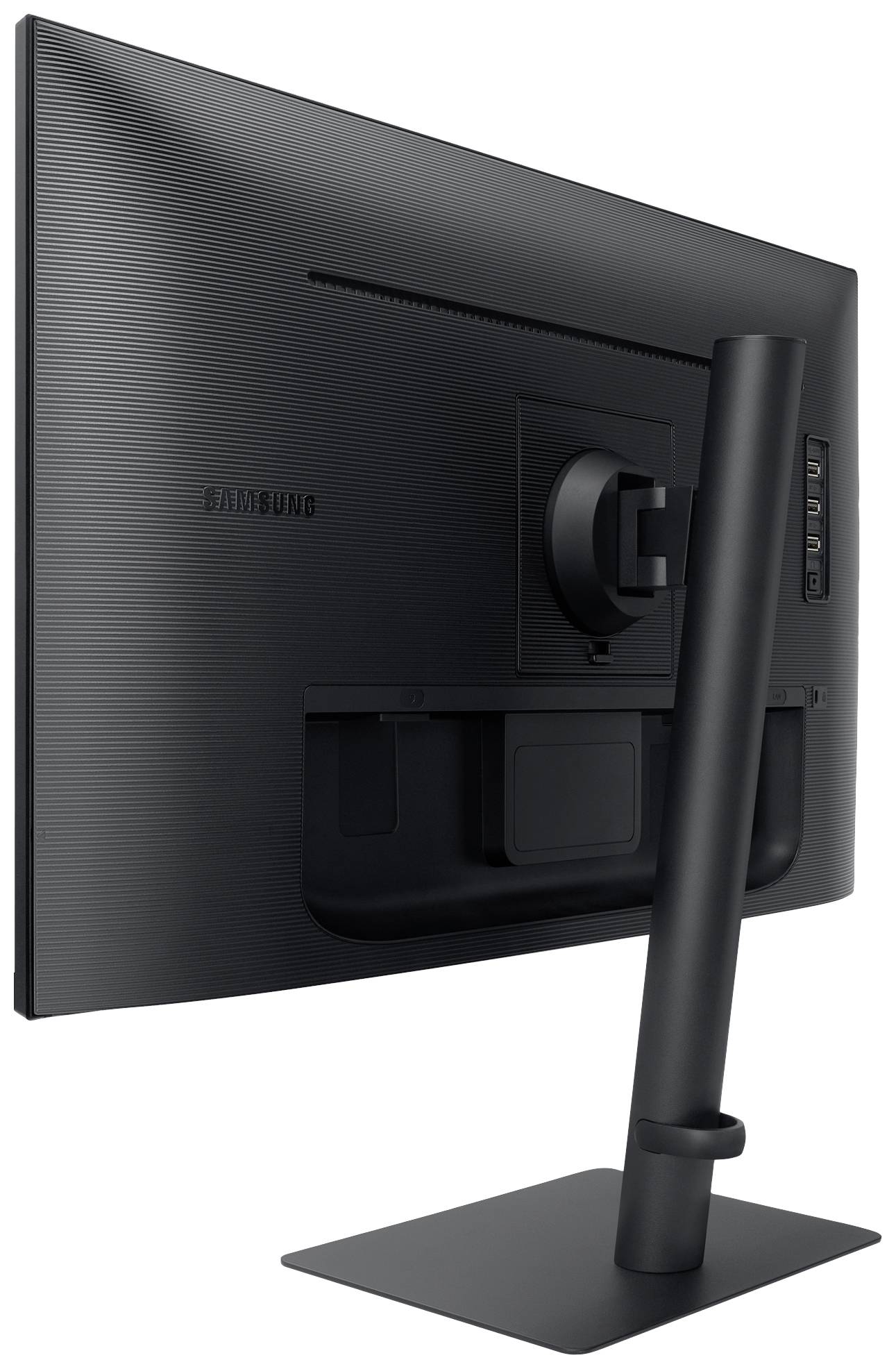 Ein schwarzer Computerbildschirm von hinten, auf einem Standfuß montiert. Sichtbar sind einige Knöpfe und der Bildschirmanschluss.