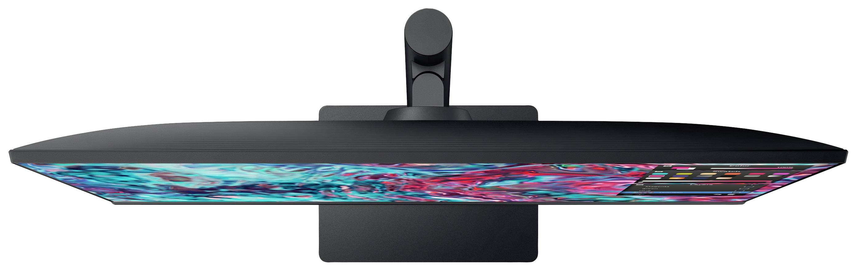 Flacher Computermonitor mit lebhaftem, buntem Muster auf dem Bildschirm, aus der Vogelperspektive betrachtet.