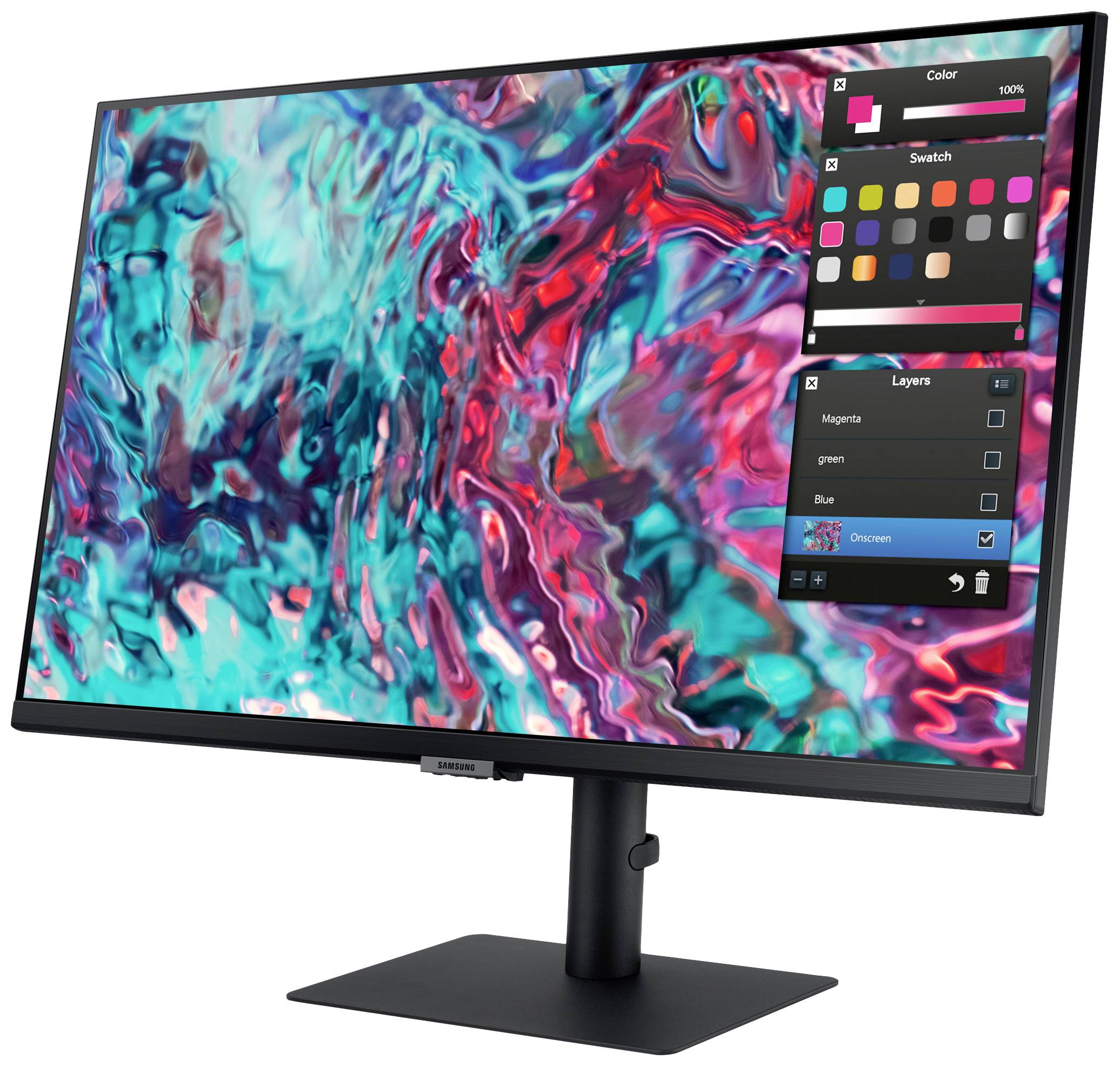 Ein Computerbildschirm zeigt digitale Kunst mit pinken und türkisfarbenen Mustern. Ein Grafikbearbeitungstool ist geöffnet.