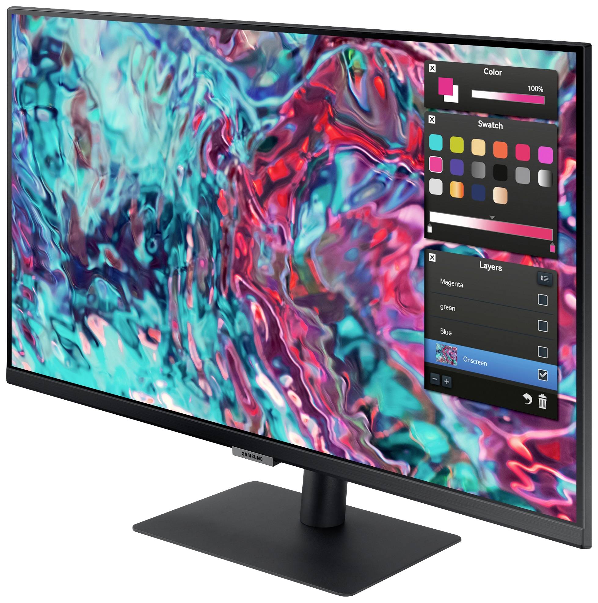 Ein Computerbildschirm zeigt ein buntes, abstraktes Bild mit einem offenen Designprogramm. Farbpalette und Ebenen sind sichtbar.