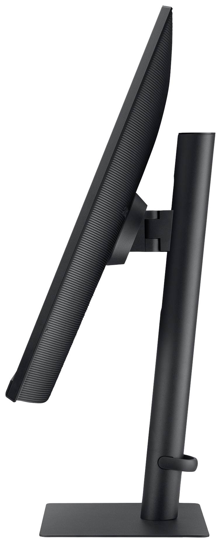 Seitenansicht eines schwarzen Computerbildschirms auf einem verstellbaren Ständer, Neigungswinkel deutlich gezeigt.