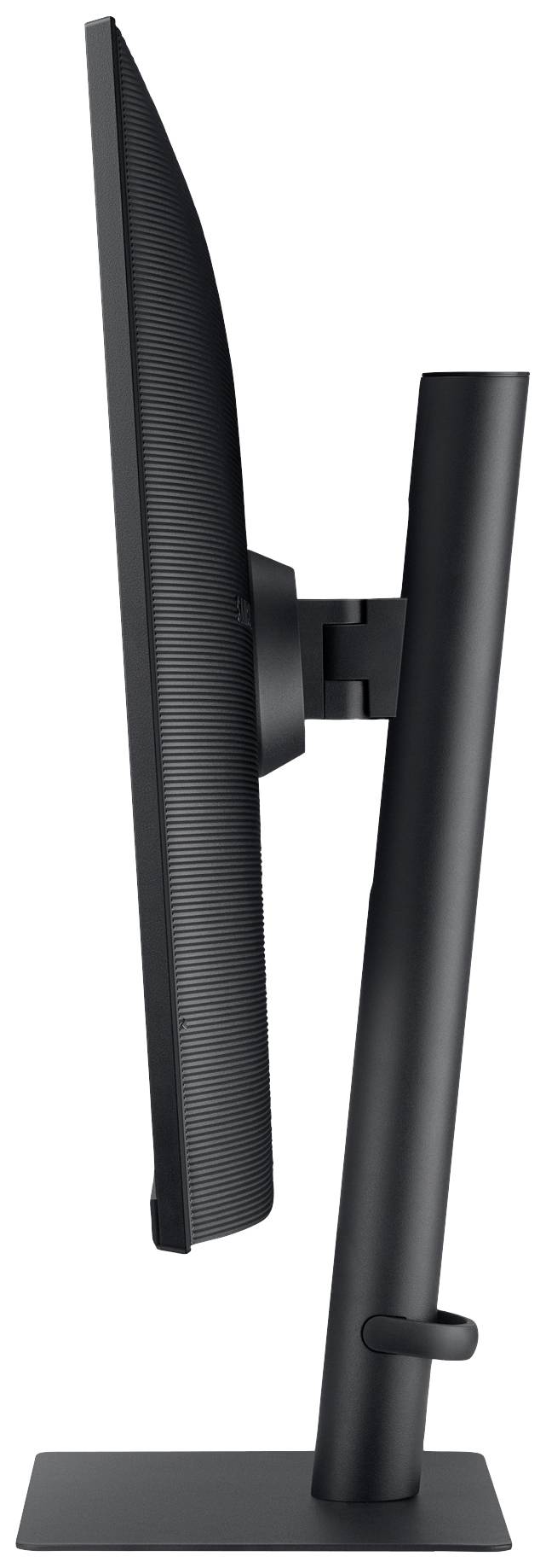 Ein seitliches Profil eines schlanken Computermonitors in schwarzer Farbe auf einem Standfuß.