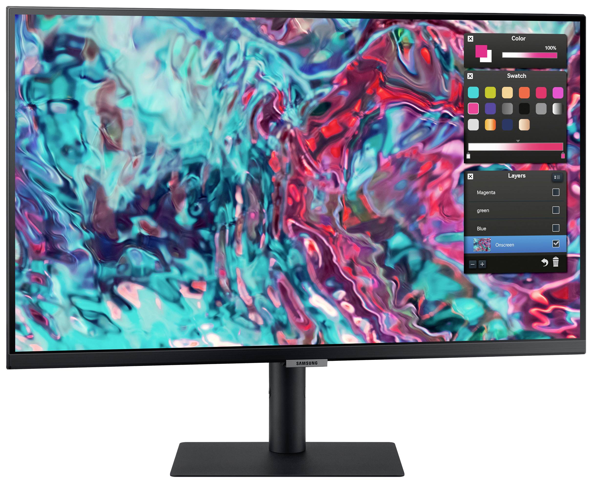 Ein Monitor zeigt ein abstraktes, buntes Kunstwerk mit einem Grafikbearbeitungsprogramm geöffnet, das Farbauswahl- und Ebenentools anzeigt.