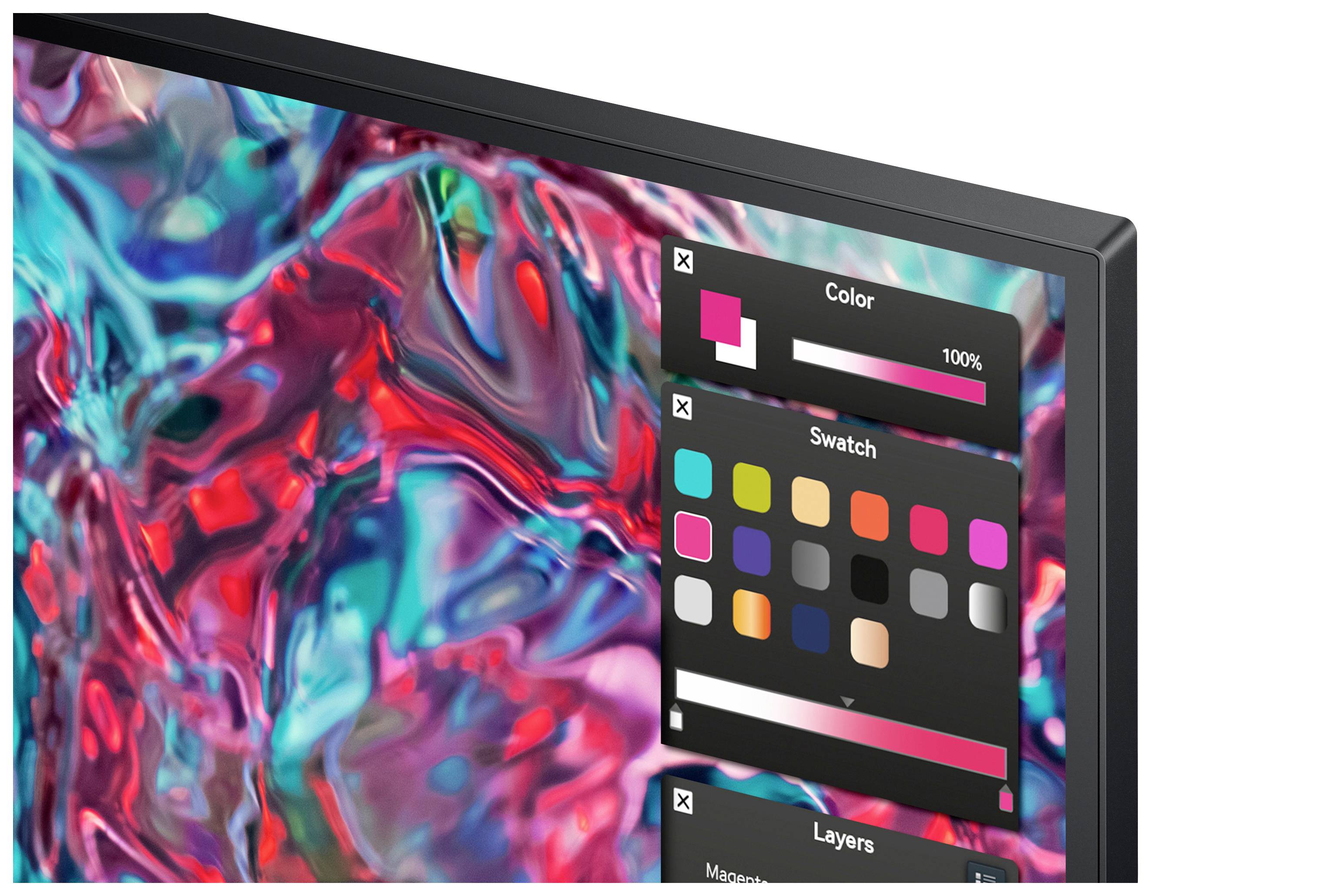 Bildschirm mit Farbpalette zeigt leuchtende abstrakte Grafik in Rot, Blau und Türkis. Auswahl an Farbfeldern zur Bildbearbeitung.