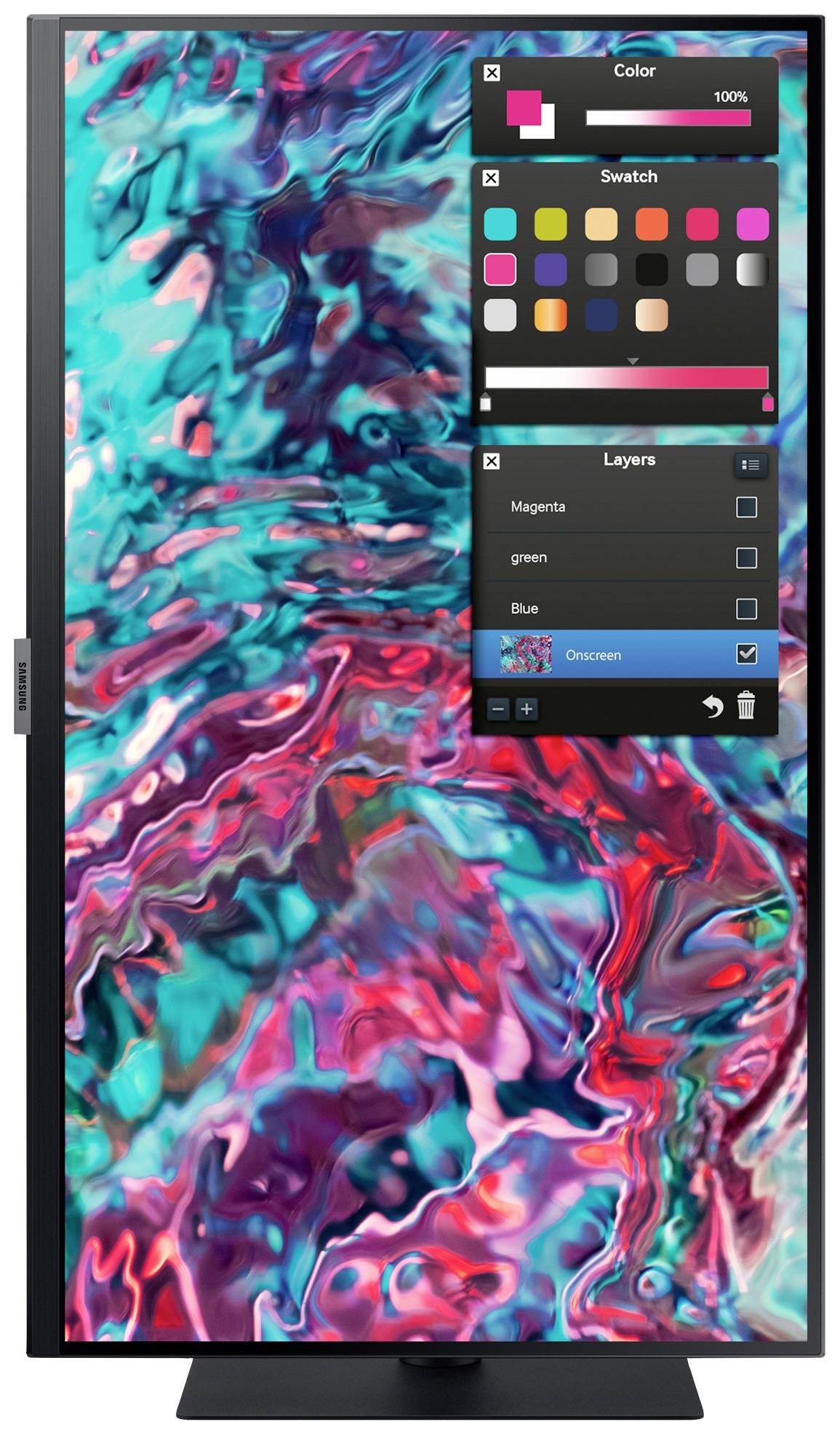 Ein Computerbildschirm zeigt ein digitales Kunstwerk in leuchtenden Aqua- und Rosatönen. Oben rechts ist eine Farbauswahl zu sehen.