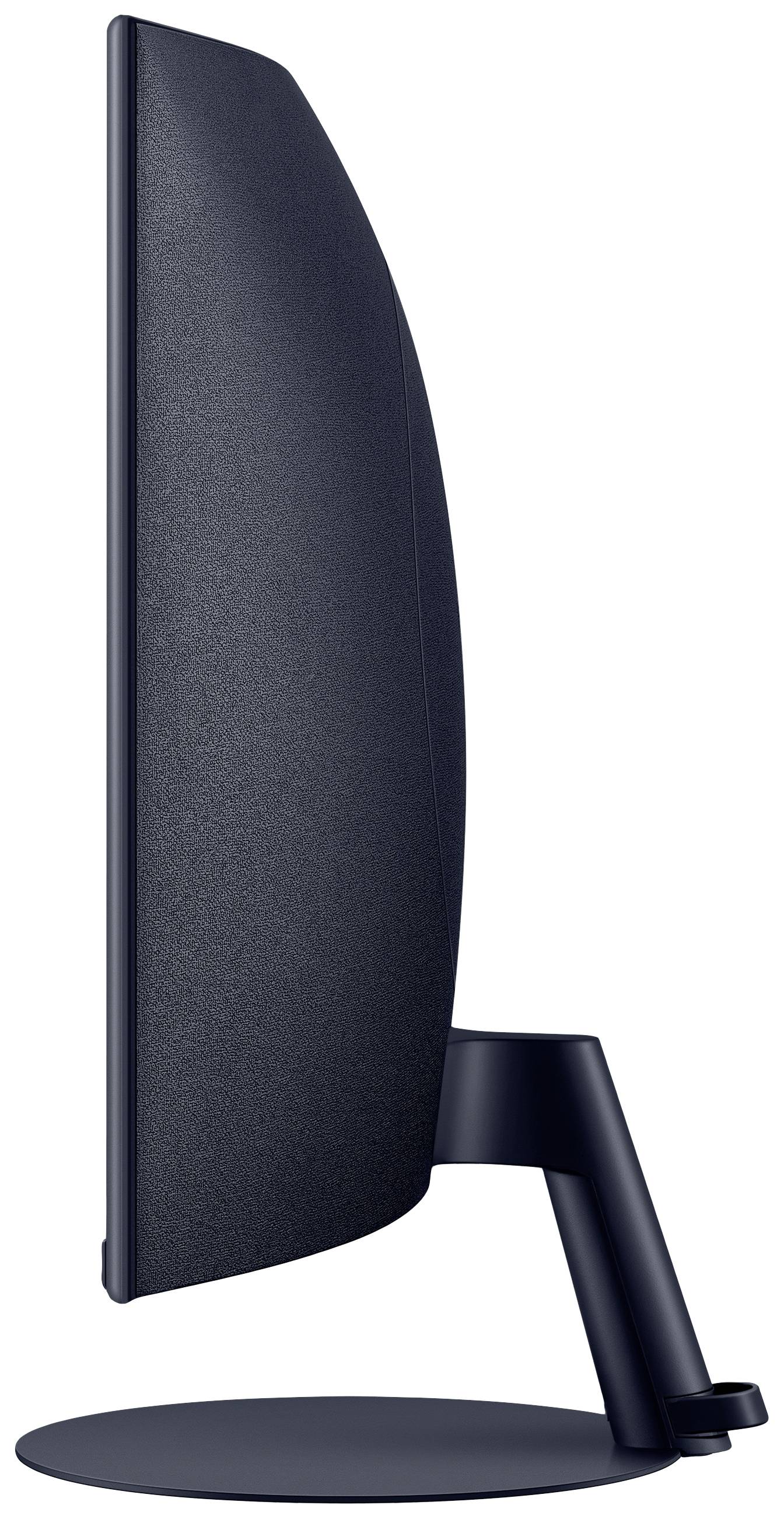 Seitenansicht eines dünnen, dunkelblauen Computermonitors auf einem runden Standfuß, zeigt die schlanke Form und das minimalistische Design.