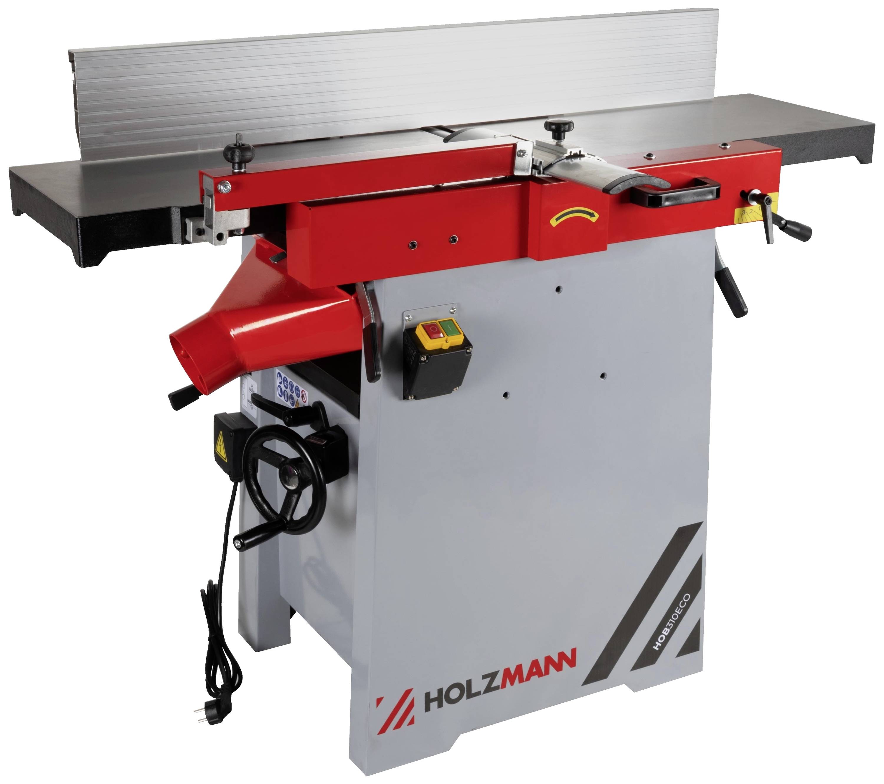 Eine rote und graue Holzmann-Hobelmaschine mit mehreren Hebeln und Schaltern, verwendet zum Glätten von Holzflächen in der Tischlerei.