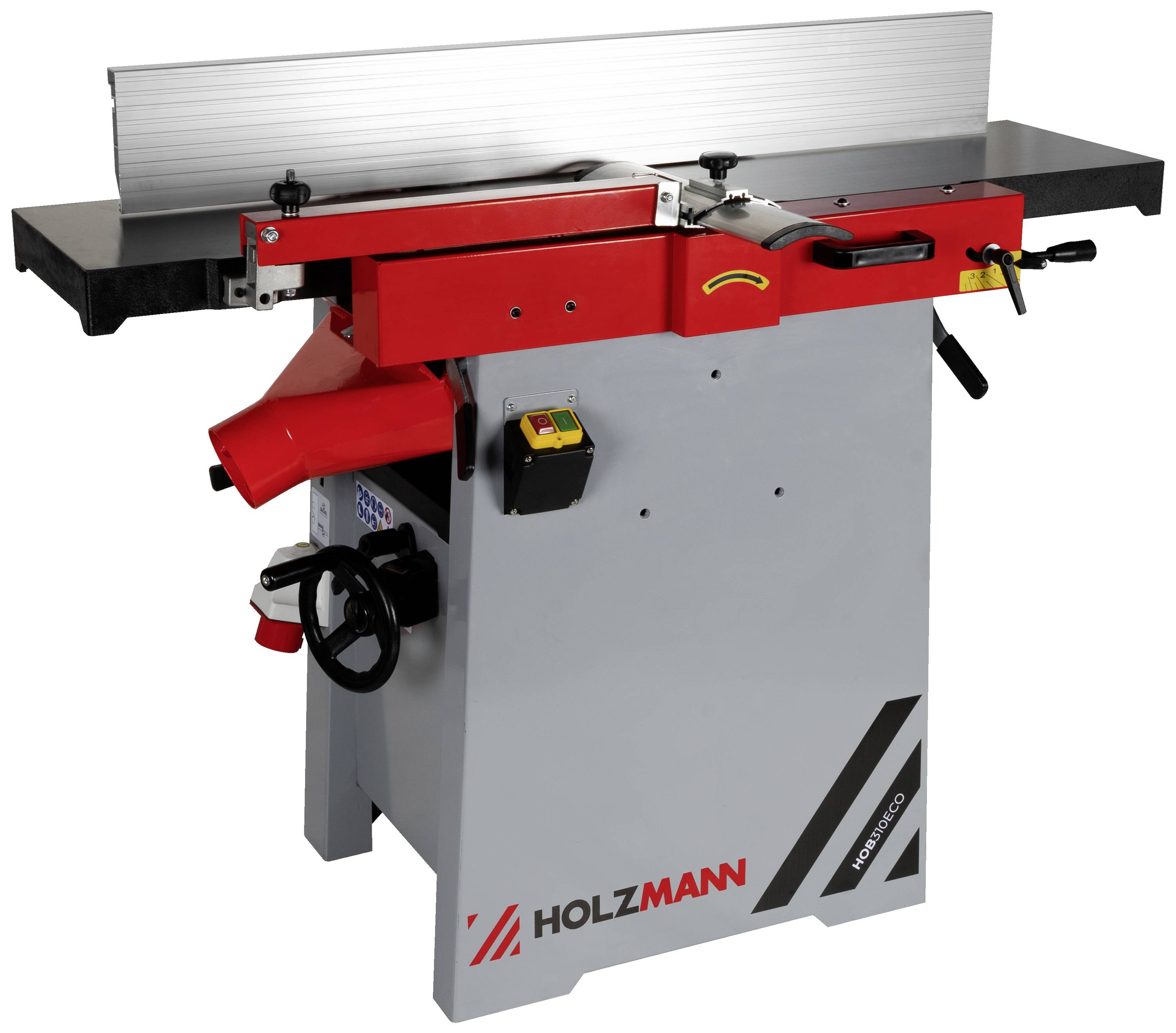 Holzbearbeitungsmaschine mit rotem und grauem Gehäuse, breitem Schneidetisch und Bedienelementen an der Vorderseite. Marke 'Holzmann'.