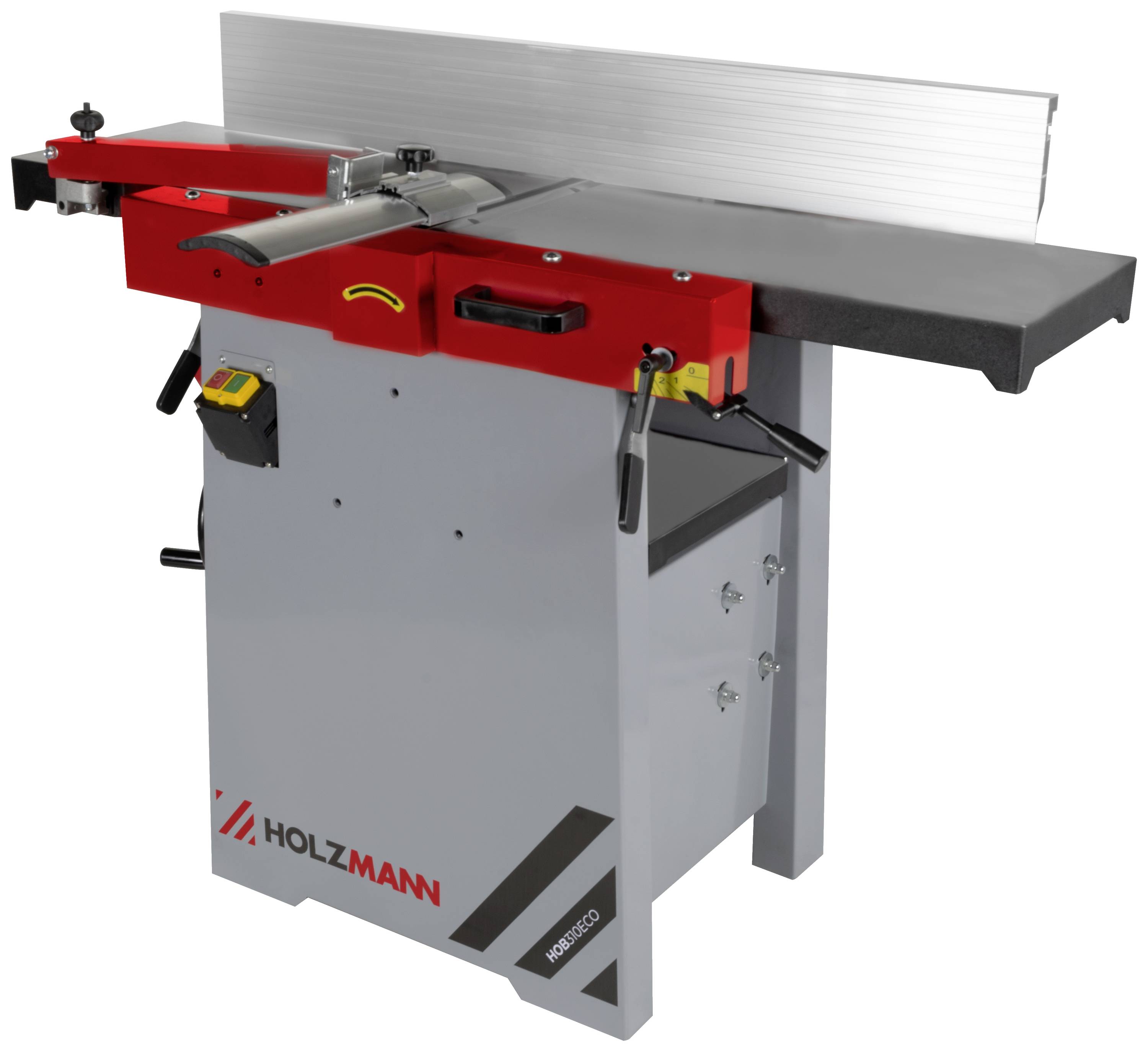Eine Hobelmaschine der Marke Holzmann mit rotem und grauem Gehäuse. Sie besitzt zwei Hebel zur Bedienung und eine lange Arbeitsfläche.