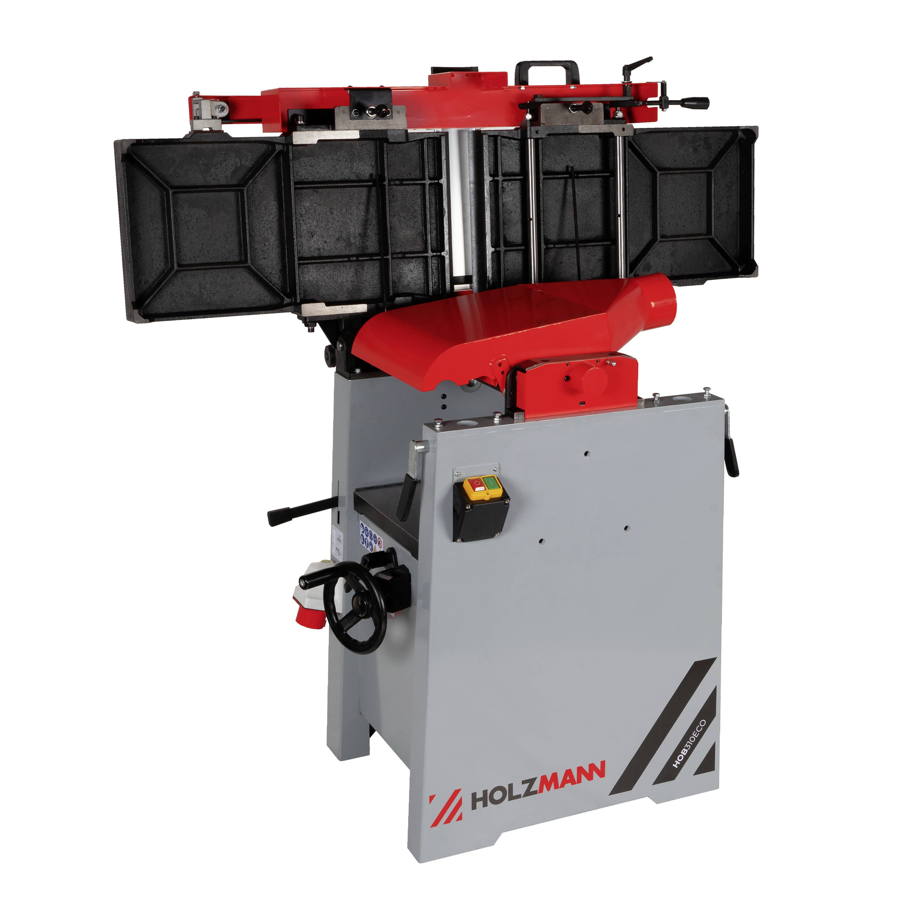 Eine Bandsäge von Holzmann mit schwarzen Schutzabdeckungen und roter Sitzfläche. Sie steht auf einem grauen Sockel mit Markenlogo.