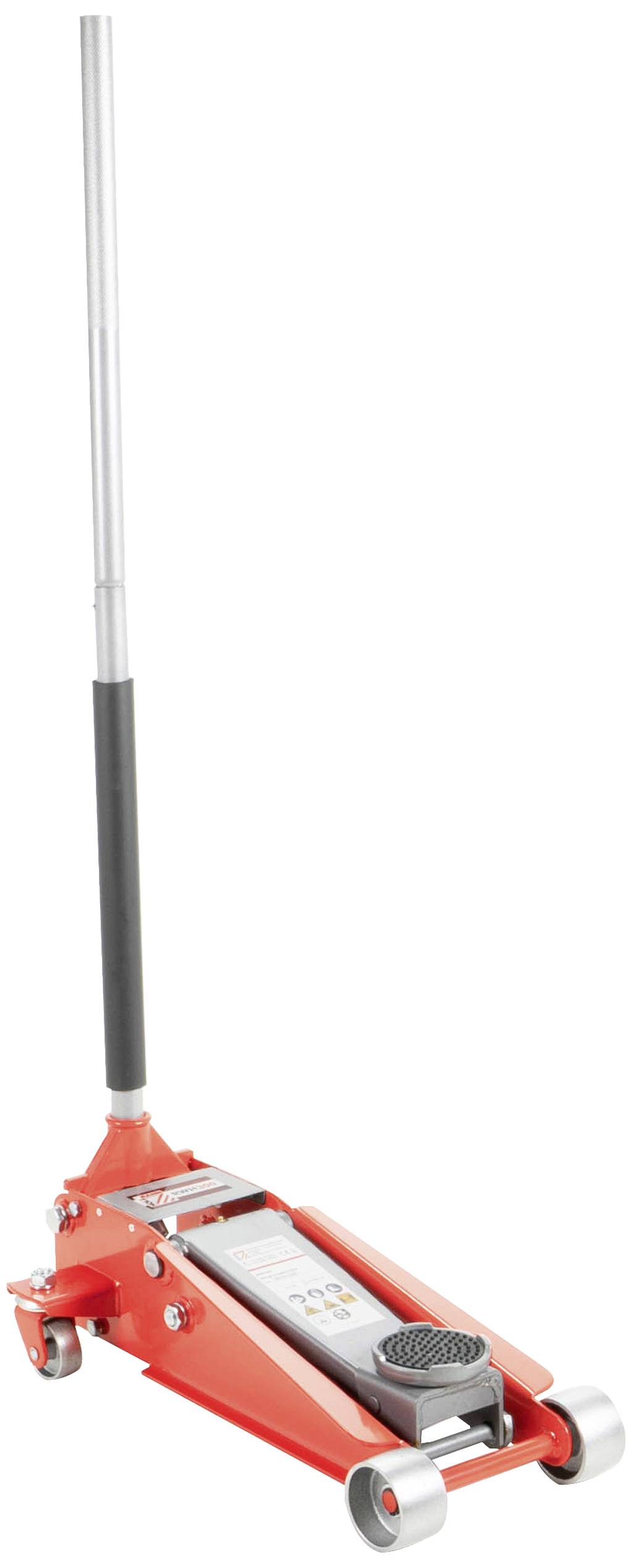Rote Wagenheber mit langem Griff und schwarzen Rädern, geeignet zum Anheben von Fahrzeugen in Werkstätten.