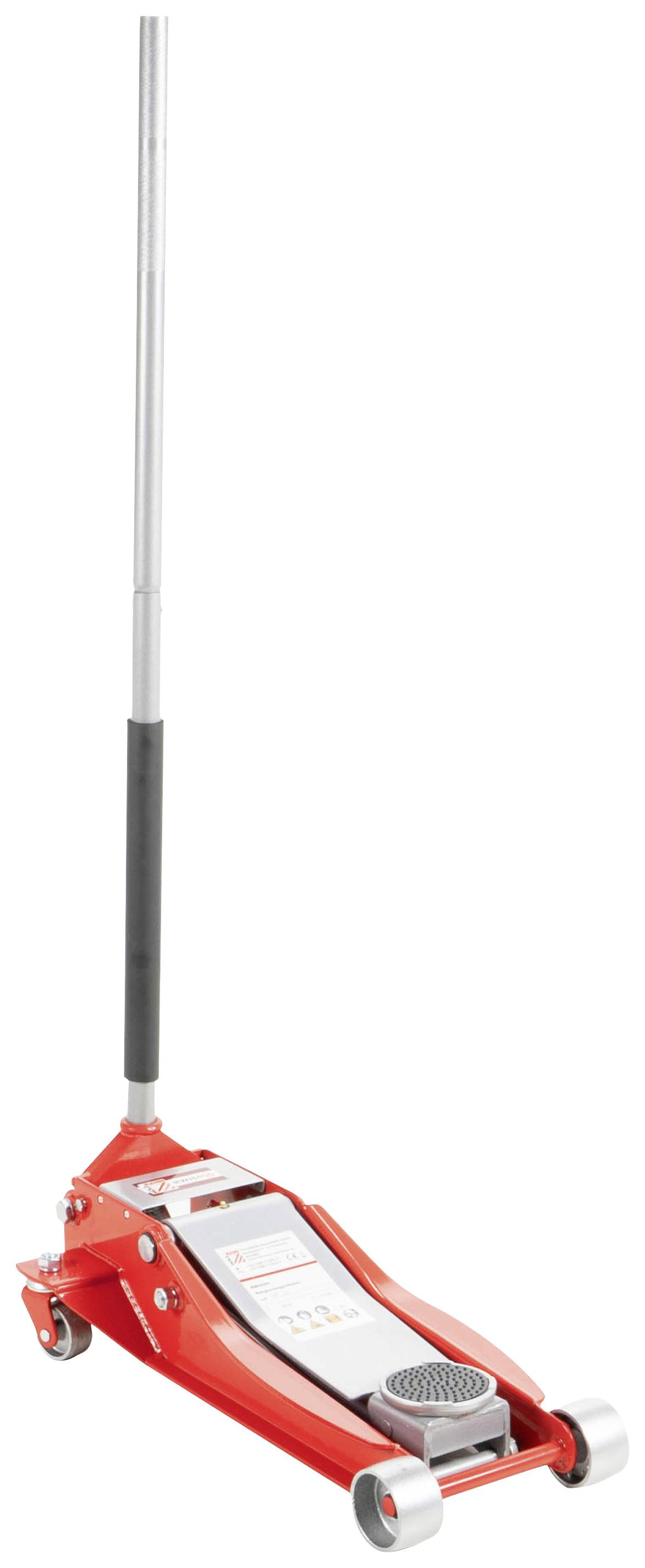 Roter hydraulischer Wagenheber mit langem Griff und runden Rädern, hauptsächlich zum Anheben von Fahrzeugen verwendet.