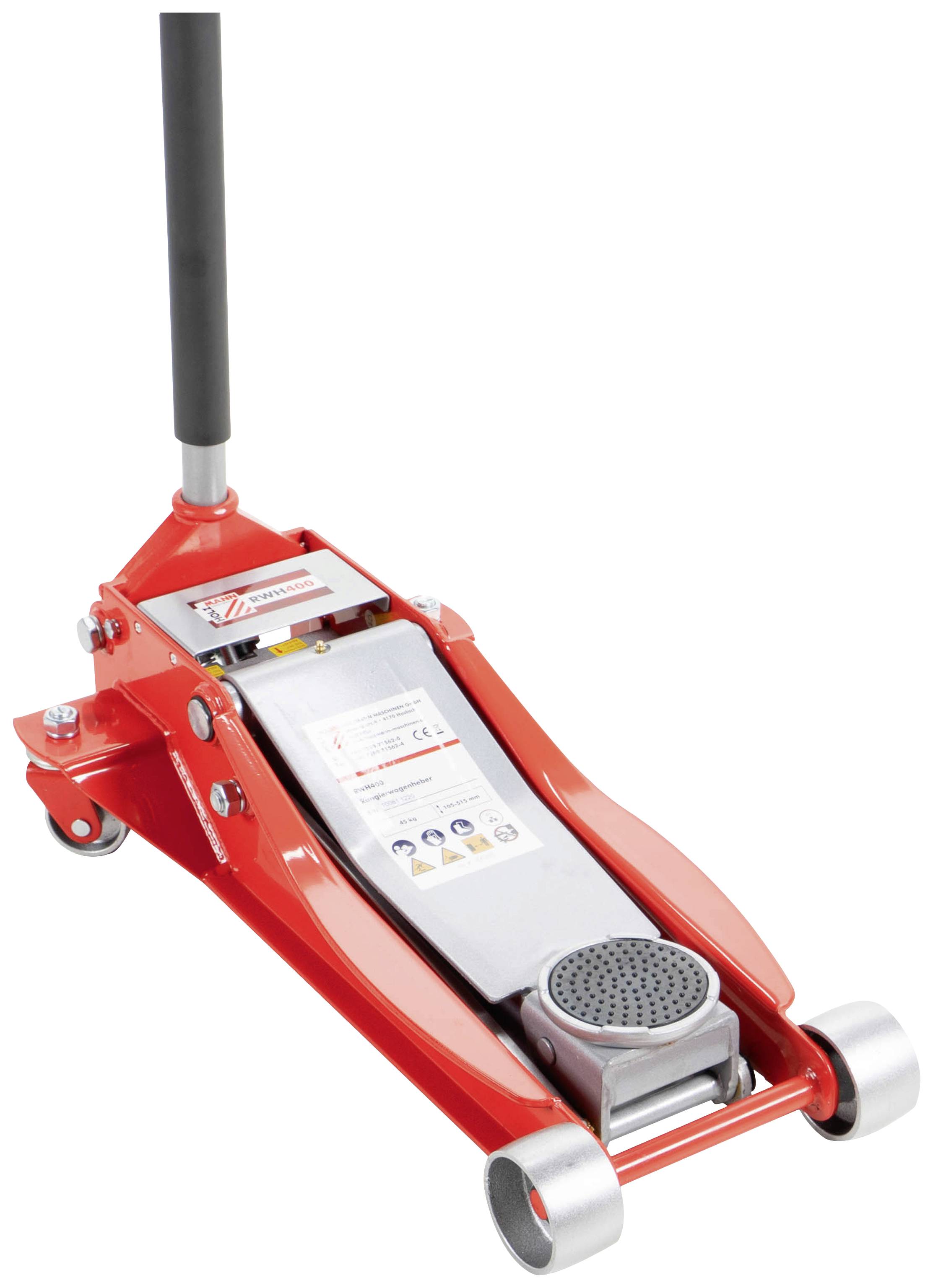 Ein roter Wagenheber mit langem Griff, ideal zum Anheben von Fahrzeugen für Reparatur- oder Wartungsarbeiten.