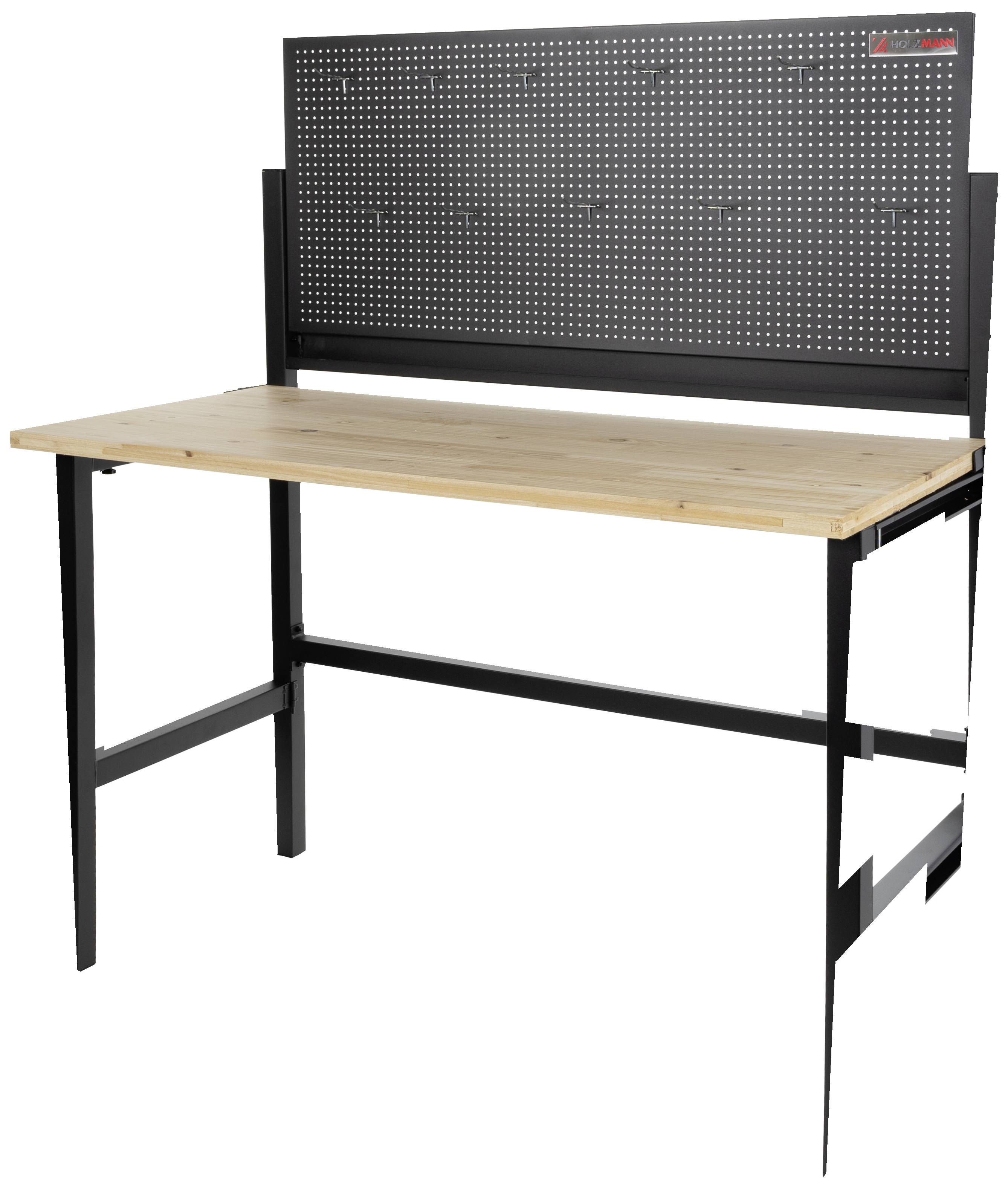 Werkbank mit Holzplatte und perforierter Rückwand aus Metall, ideal für die Organisation von Werkzeugen in der Werkstatt.