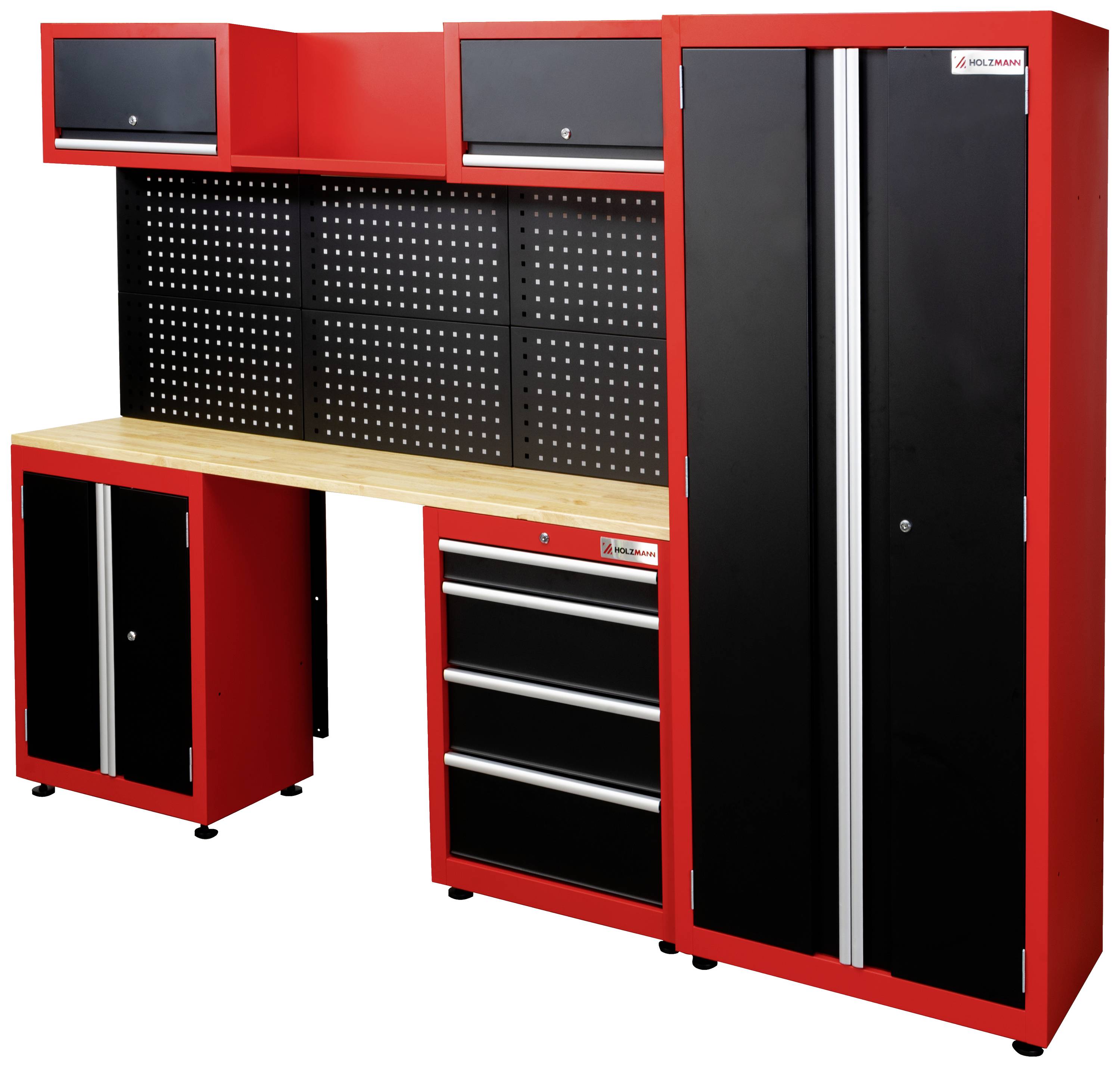 Rote und schwarze Werkbank mit Holzarbeitsplatte, rechts ein hoher Schrank, links schmale Schubläden und Hängeschränke oben.