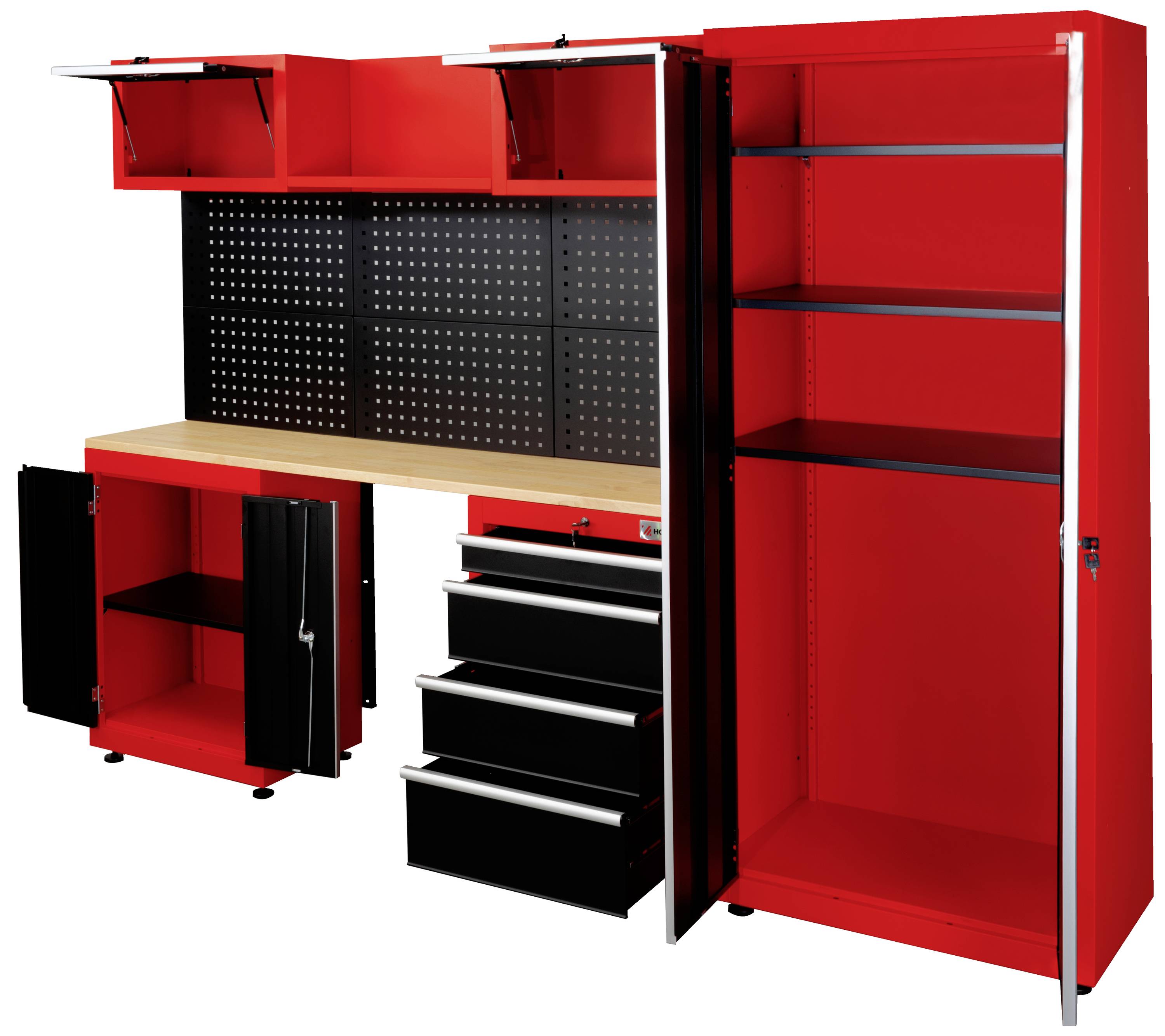 Rote und schwarze Werkbank mit Hängeschränken, Unterschränken und Schubladen. Rechte Seite hat offenen Schrank mit Regalböden.