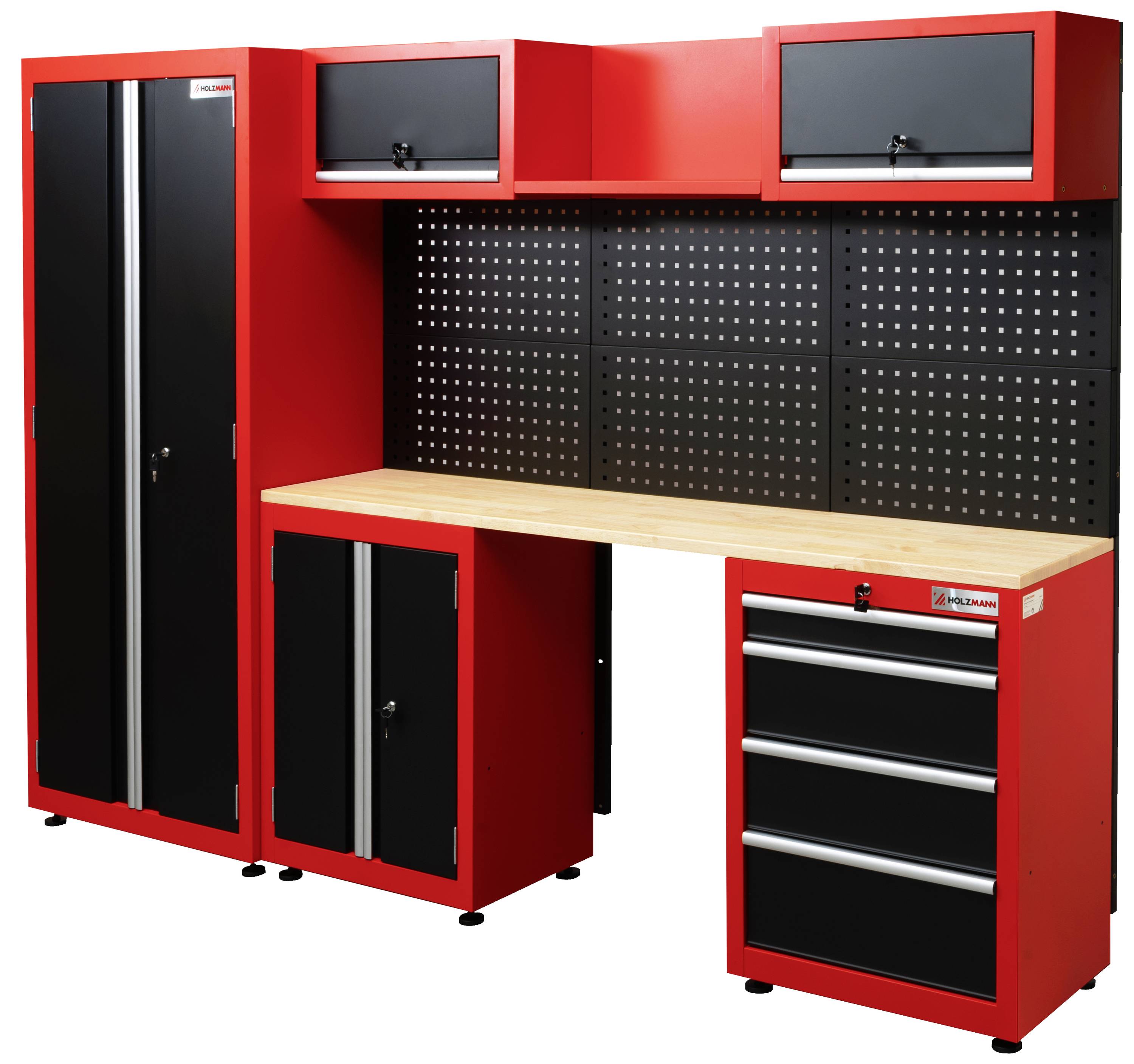 Rote Werkbank mit schwarzen Schränken, Schubladen und Lochwand zur Werkzeugaufbewahrung.