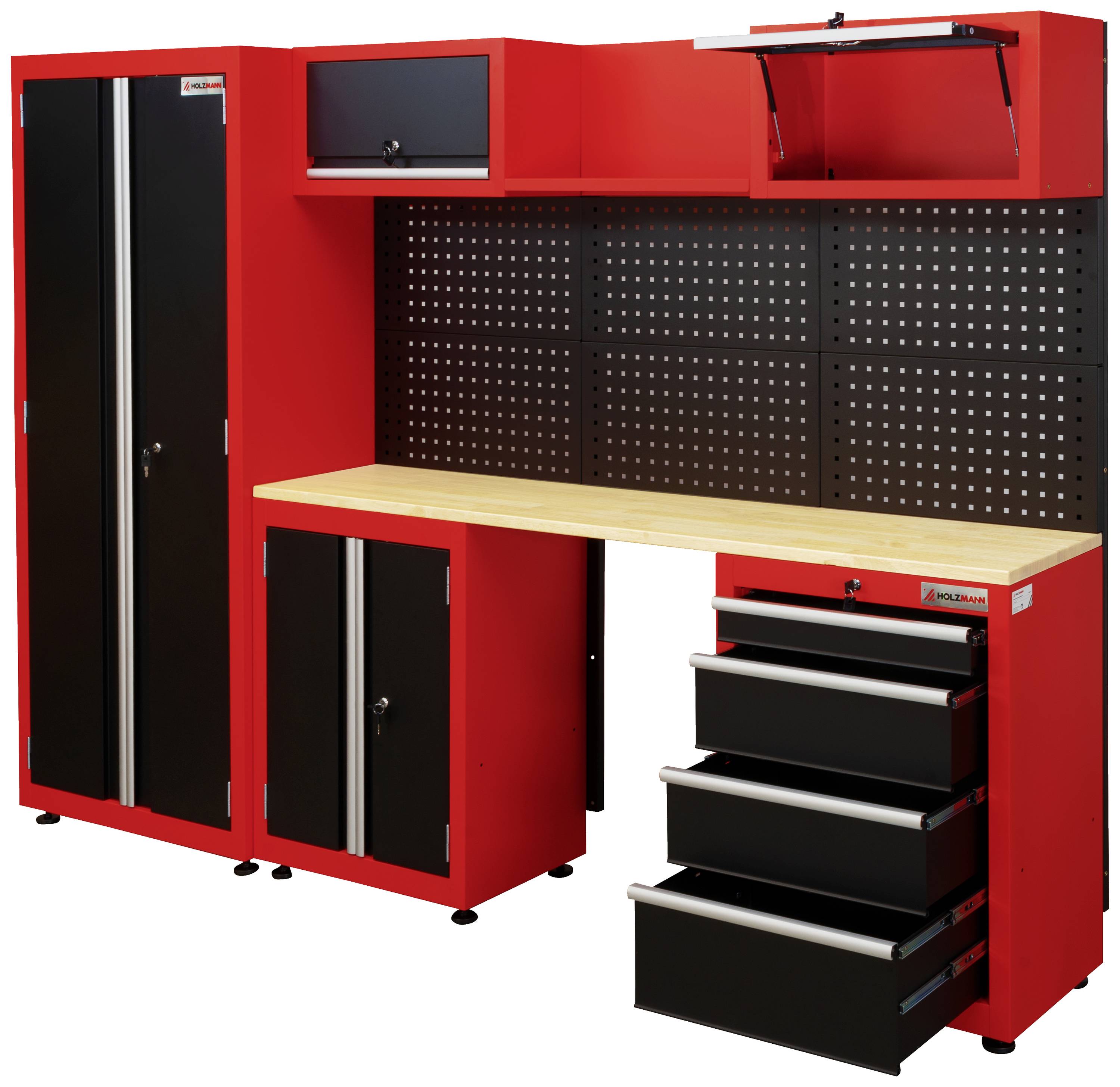 Rote Werkbank mit Holzarbeitsplatte, schwarzen Schränken und Schubladen. Lochwand für Werkzeugaufhängung.