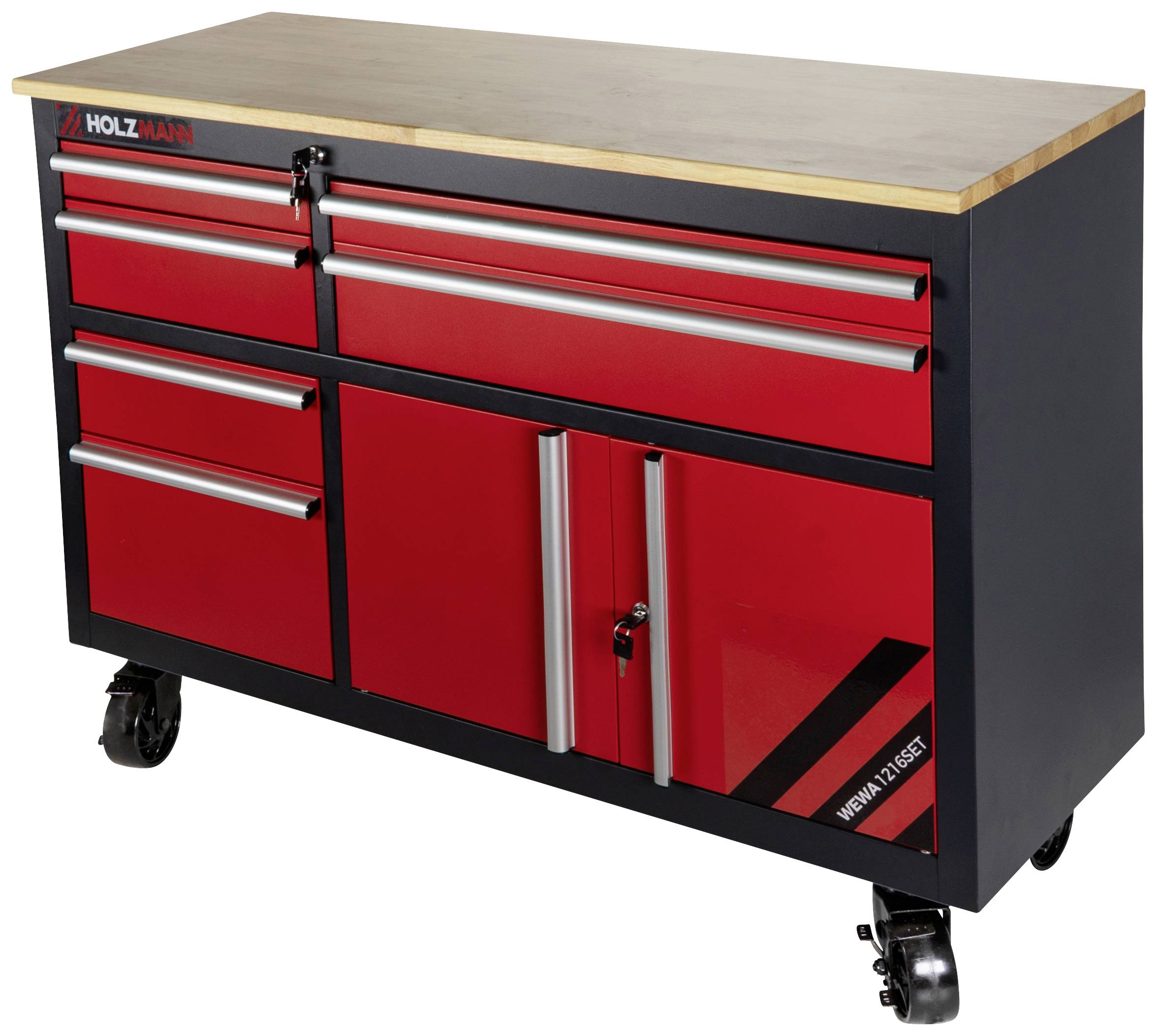Roter Werkzeugschrank auf Rollen mit mehreren Schubladen und Fächern, Holzplatte oben. Robust für Werkstätten geeignet.