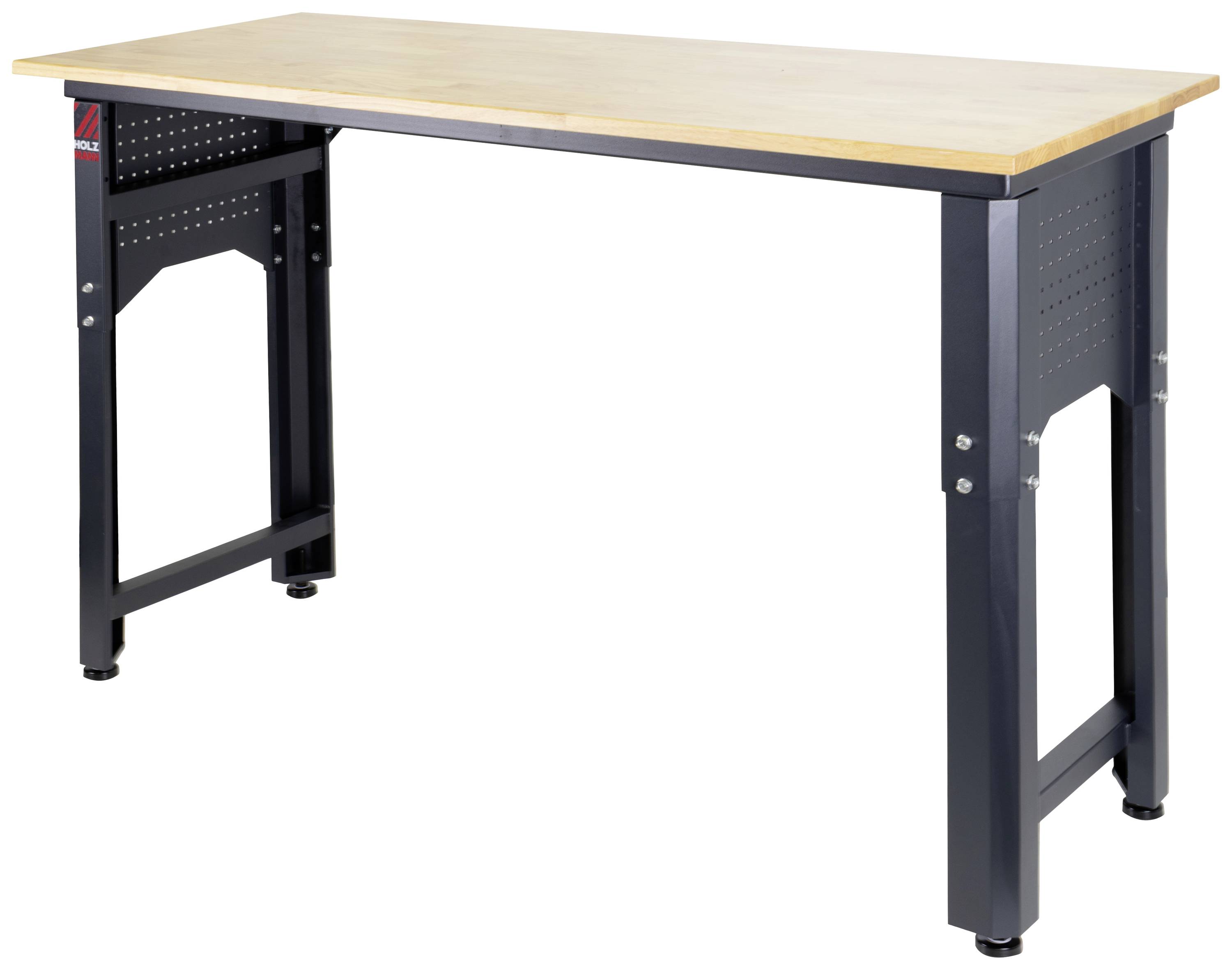 Ein stabiler Arbeitstisch mit hellbrauner Holzplatte und schwarzem Metallgestell.