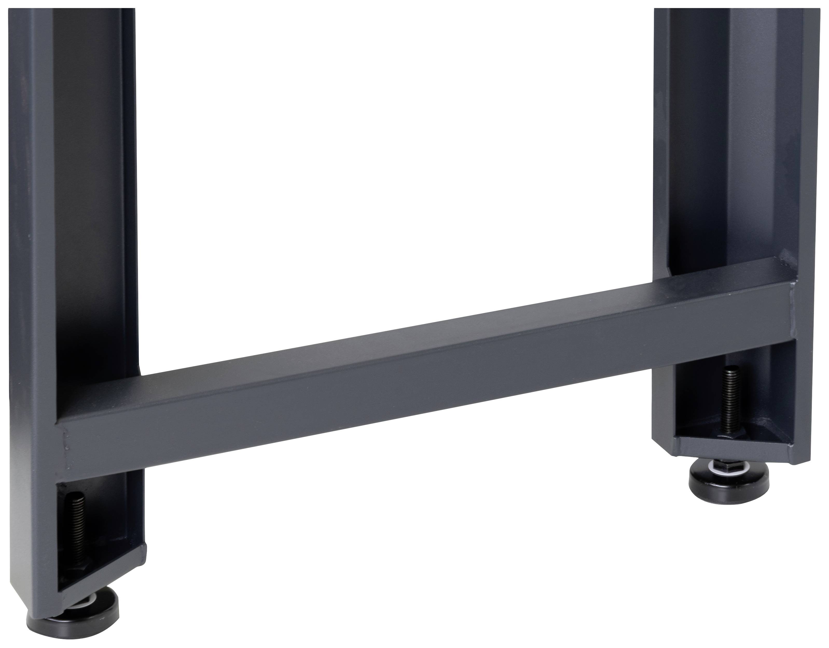 Einzelnes schwarzes Metallbein mit verstellbaren Füßen, geeignet für Tische oder Arbeitsflächen, zeigt Stabilität und Höhenanpassung.