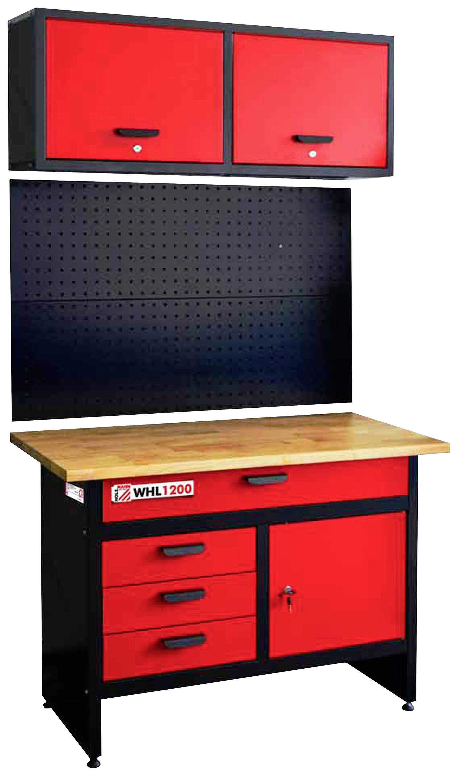 Werkbank mit Holzarbeitsplatte, darunter Schubladen und ein Schrank in Rot und Schwarz. Oben Hängeschränke und Lochwand.