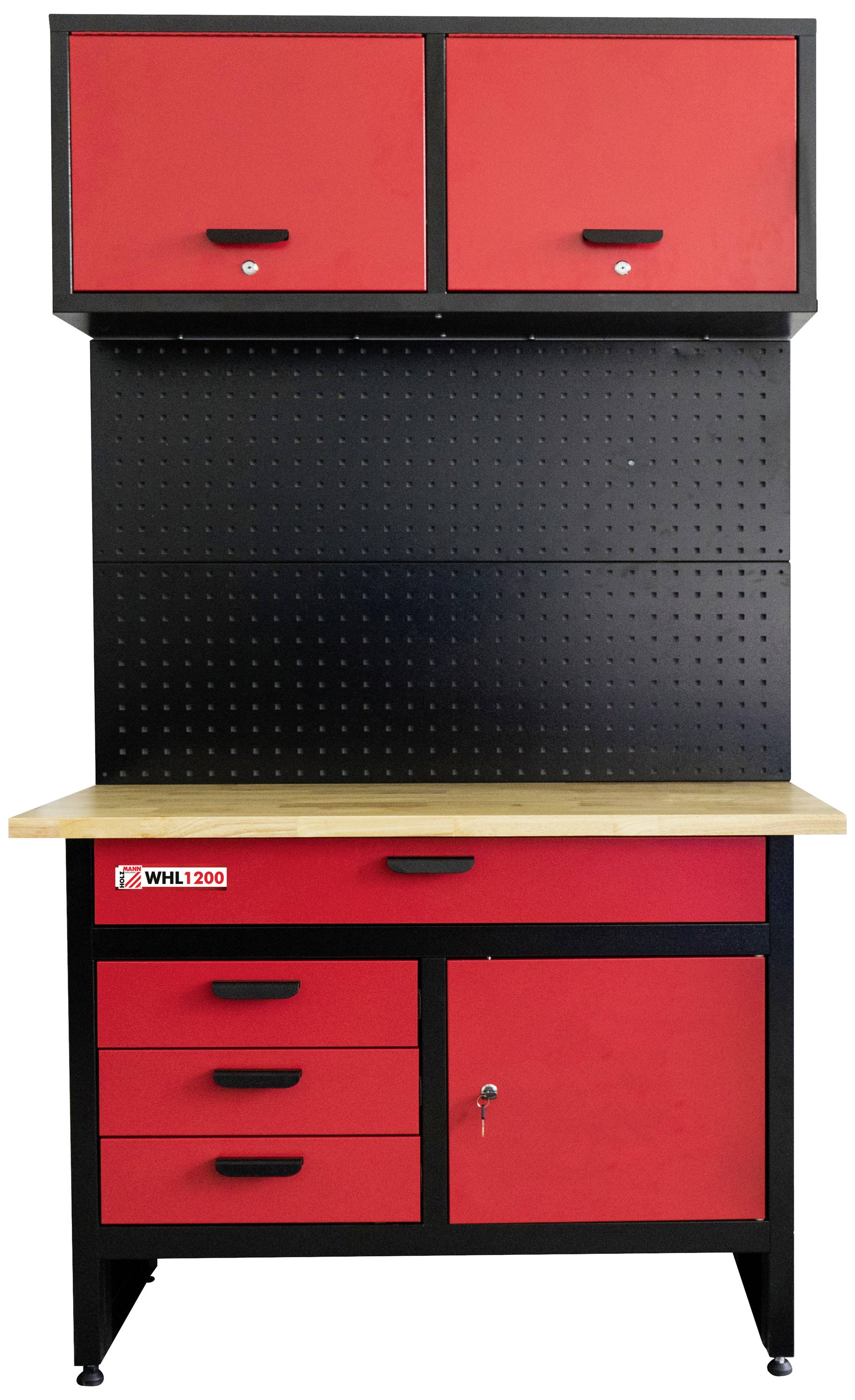 Werkbank mit Holzplatte, drei Schubladen und zwei Schränken in Rot und Schwarz. Geeignet für Werkzeuge und Materialien.