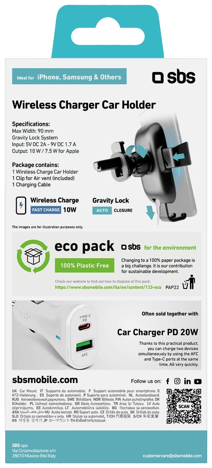 sbs mobile TESUPGRAVWIRLITE10W Lüftungsgitter Handy-Kfz-Halterung mit Induktionsladefunktion 55 - 90 mm