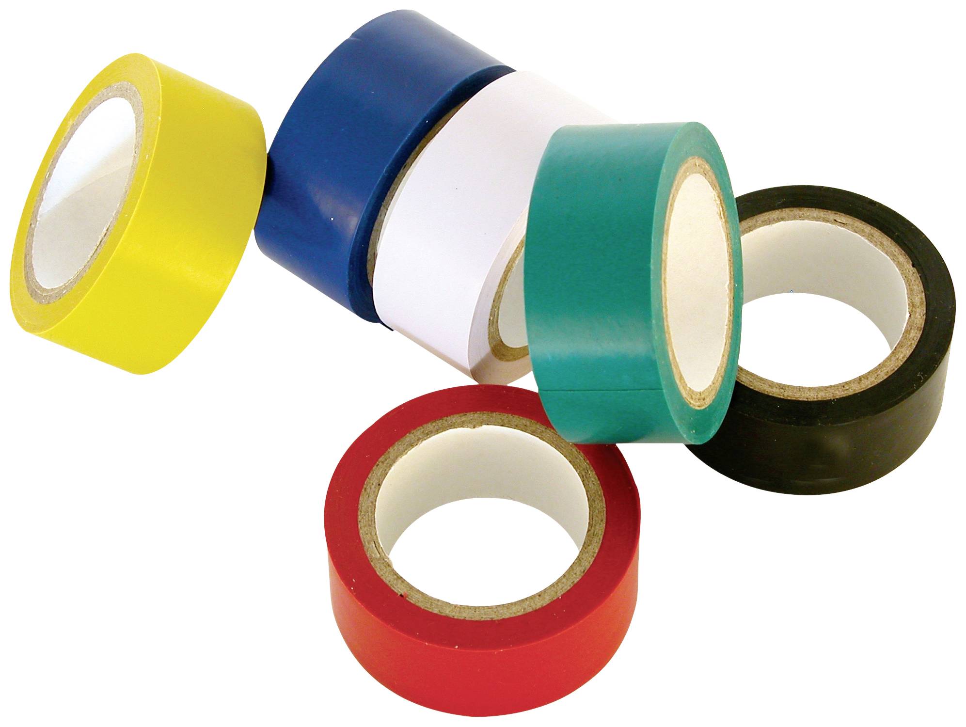 Fünf verschiedenfarbige Klebebandrollen liegen auf einem Tisch. Die Farben sind Gelb, Blau, Weiß, Grün und Rot.