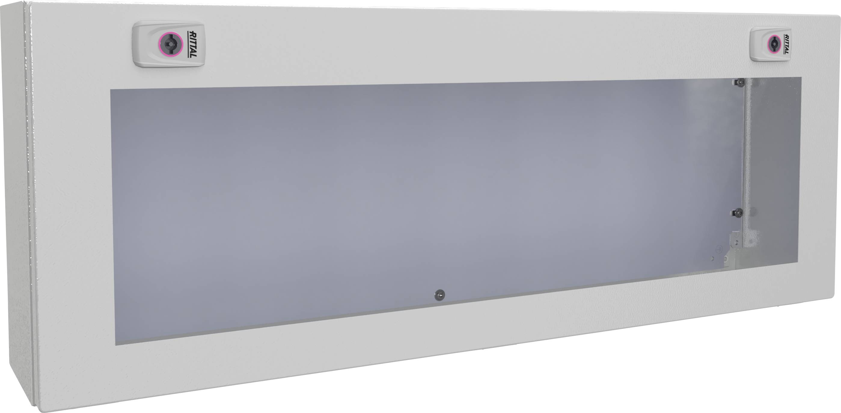 Metallgehäuse mit transparentem Frontpanel und zwei kleinen Schaltern an den Ecken. Zweck und Kontext im Bild nicht ersichtlich.