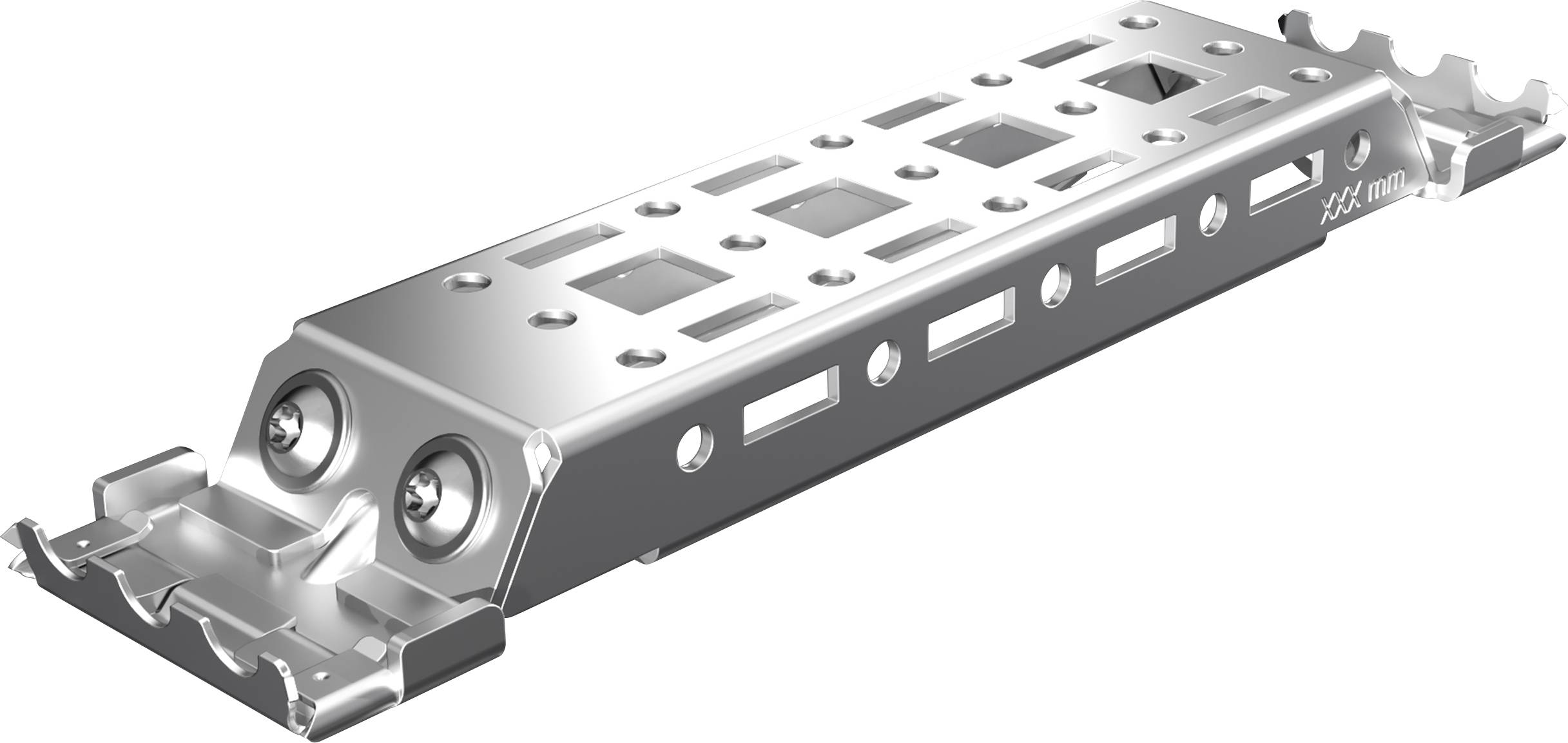 Metallischer Kabelträger mit gleichmäßig verteilten Öffnungen und Befestigungspunkten. Gezeigt in einer schrägen Perspektive.