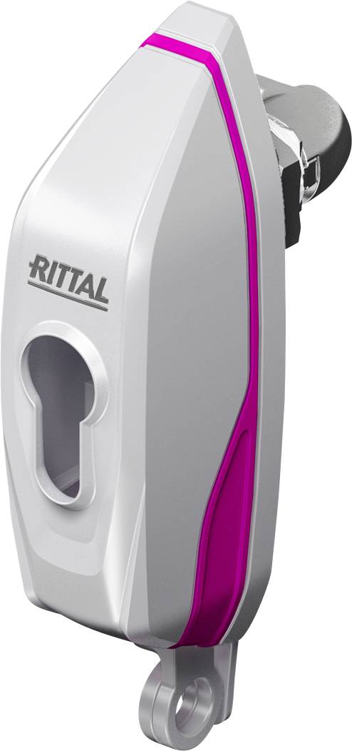 Schloss eines Schaltschranks mit der Aufschrift 'RITTAL'. Es ist weiß mit rosa Akzent und hat eine tropfenförmige Öffnung.